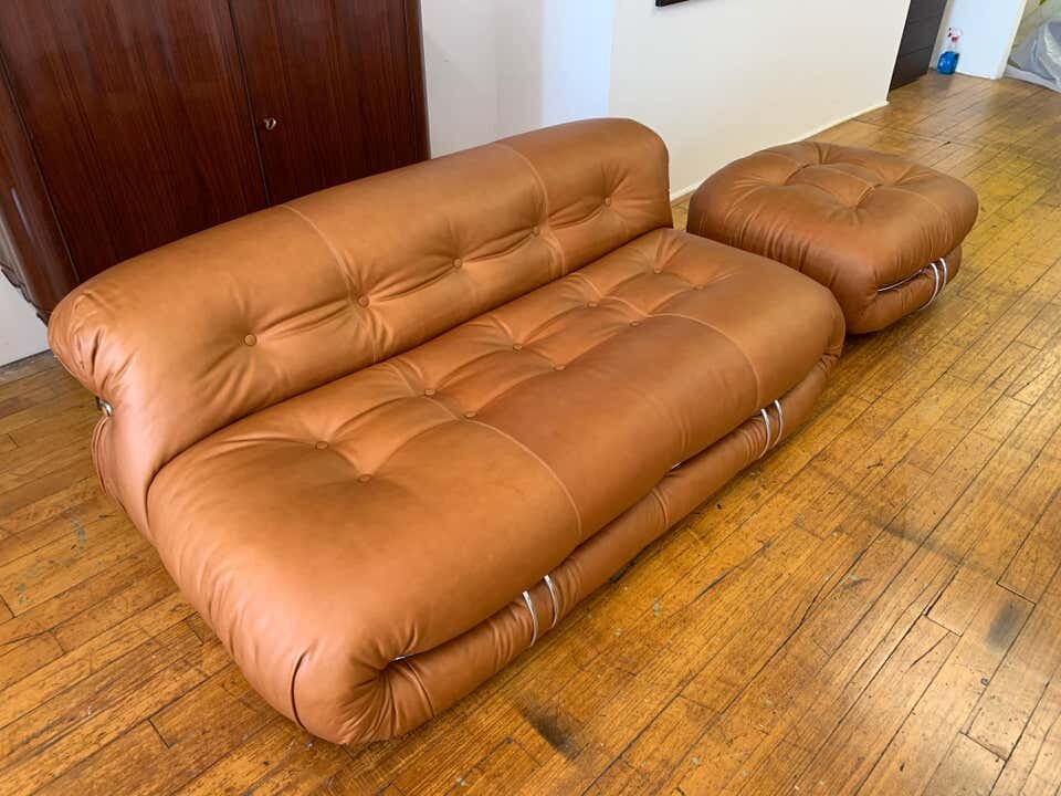 Vintage Soriana Sofa and Ottoman in cognac leather | top view of the sofa and chair