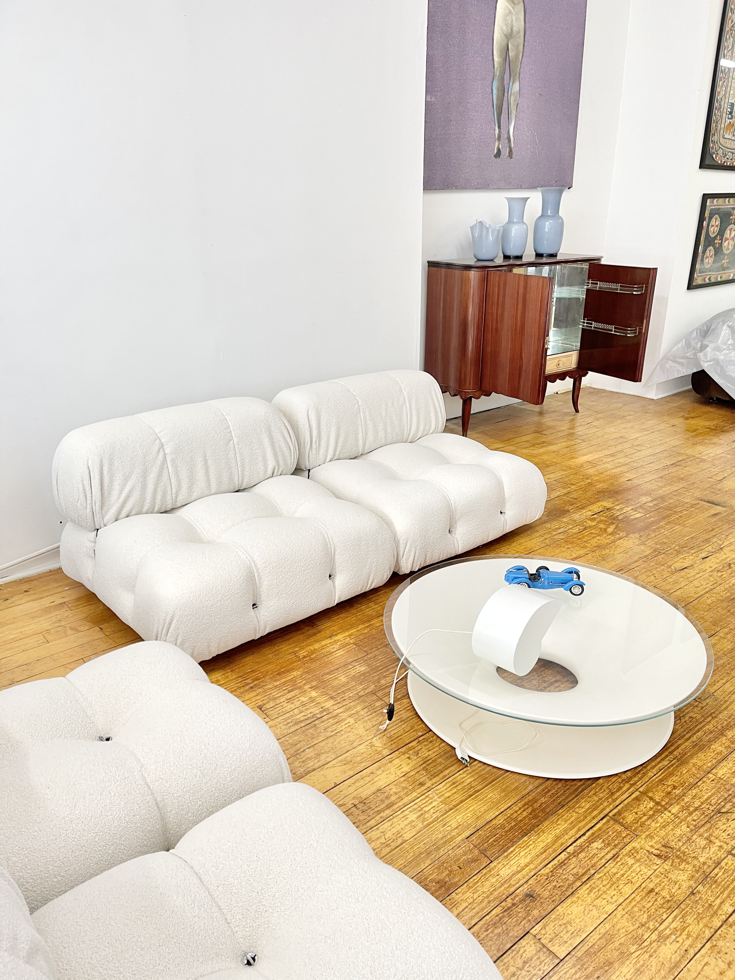 Vintage Camaleonda Sofa B&B Italian White Boucle, design Mario Bellini - two elements and coffee table