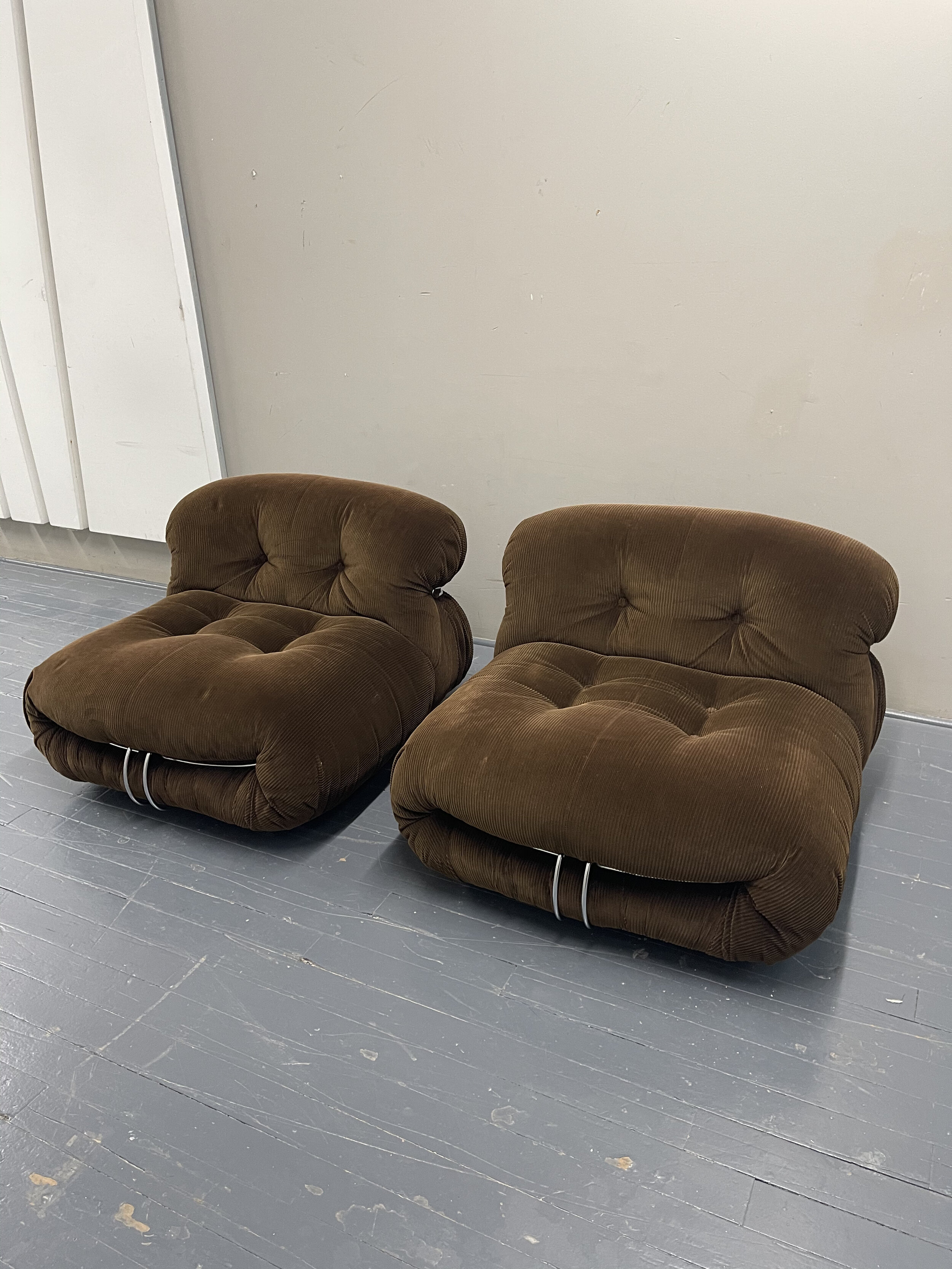 Italian Vintage Chairs | Vintage Soriana Chairs by Cassina Brown Fabric in a pair