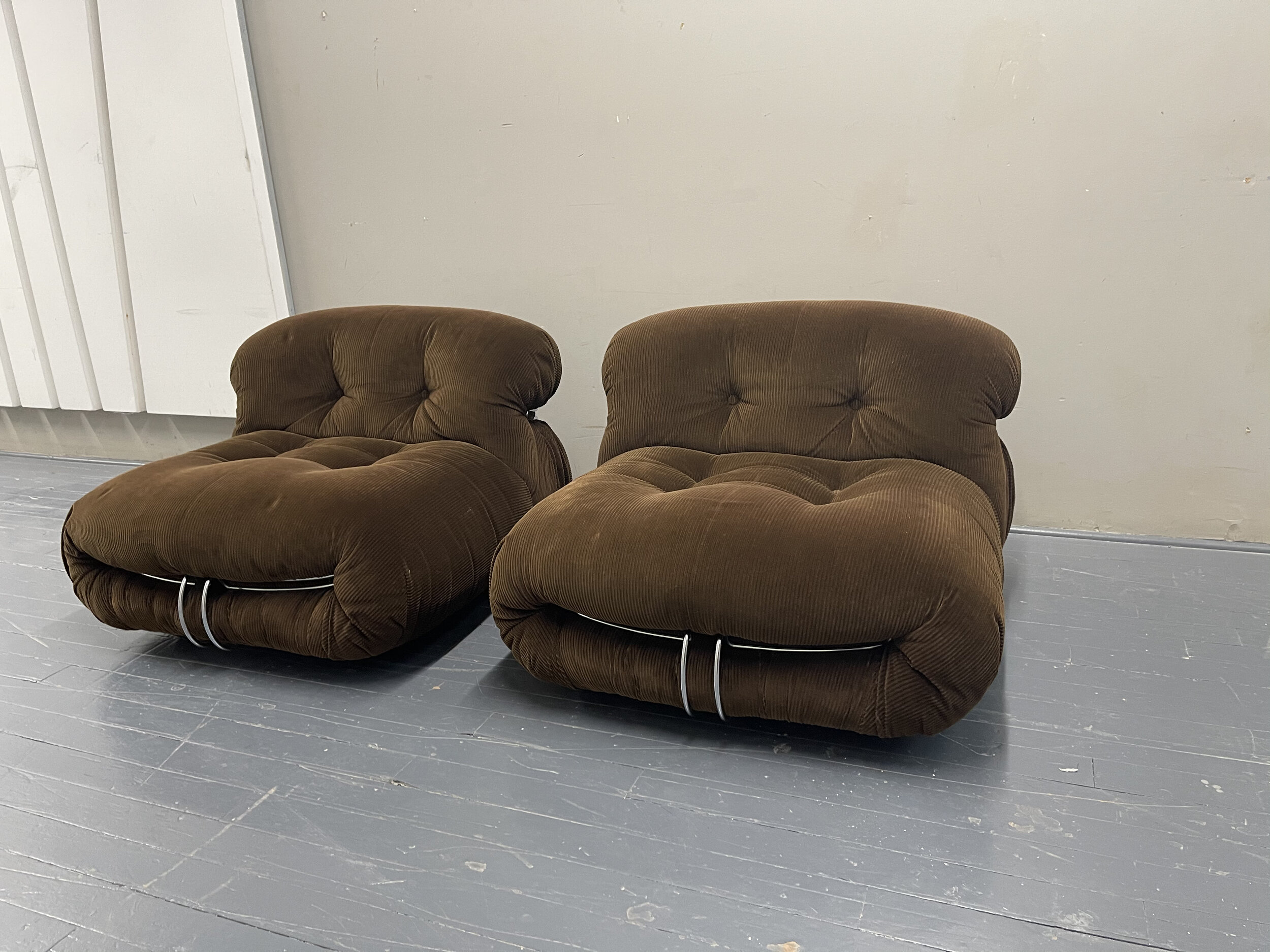 Italian Vintage Chairs | Vintage Soriana Chairs by Cassina Brown Fabric - frontal view image