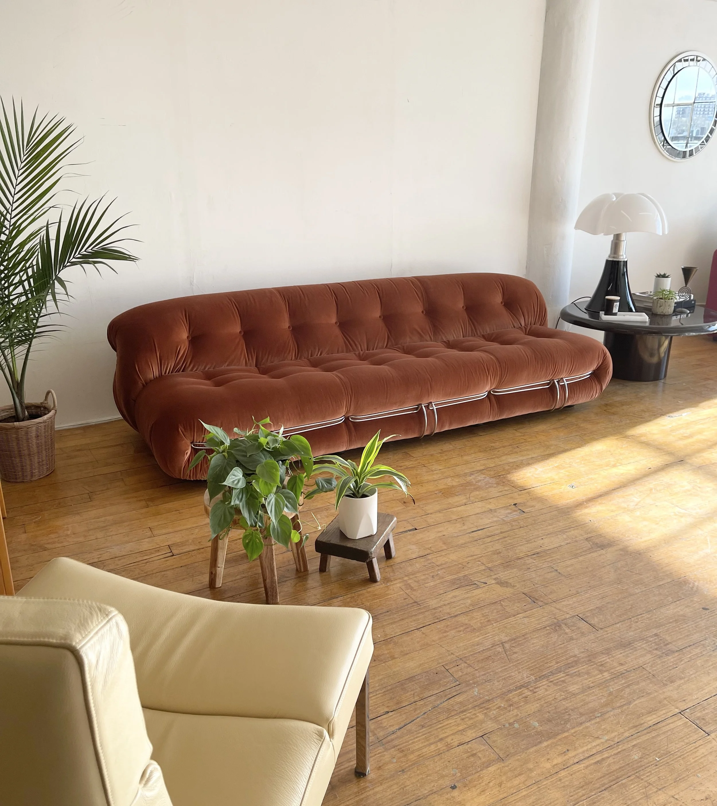 Gae Aulenti Pipistrello Table Lamp Large Brown | next to sofa