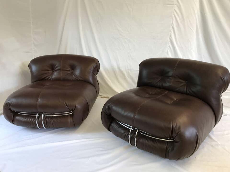 Pair of Vintage Soriana Chairsdesign Tobia Scarpa for Cassina 1970s Dark Brown Leather