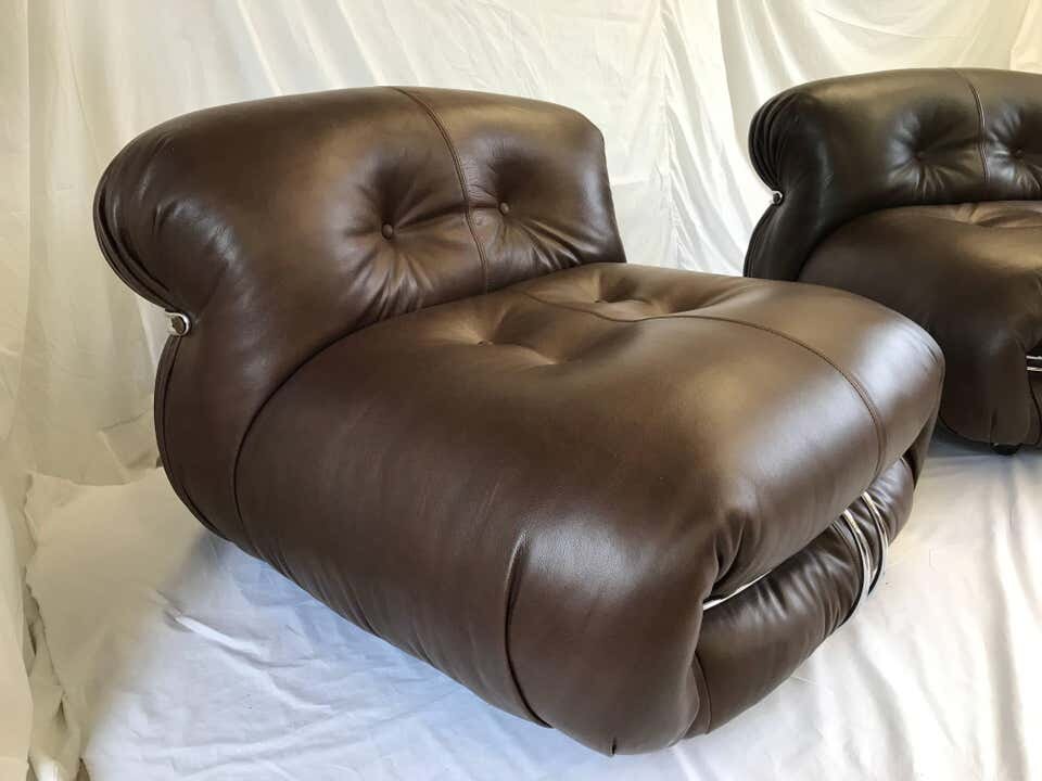 Vintage Soriana Chairs in Dark Brown Leather design Tobia Scarpa for Cassina 1970s