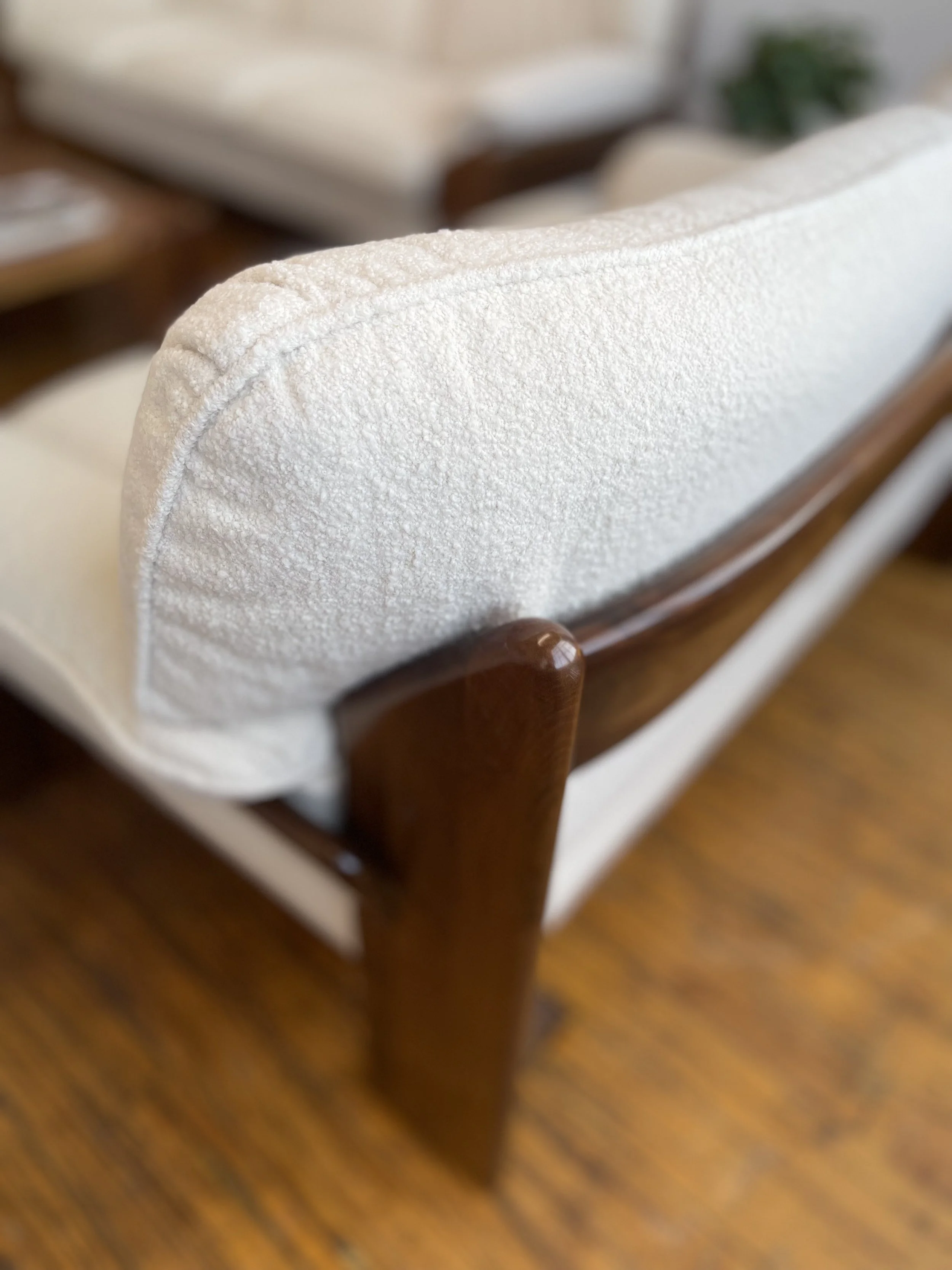 Mid Century Italian Sofa Set White Boucle 4814 fabric