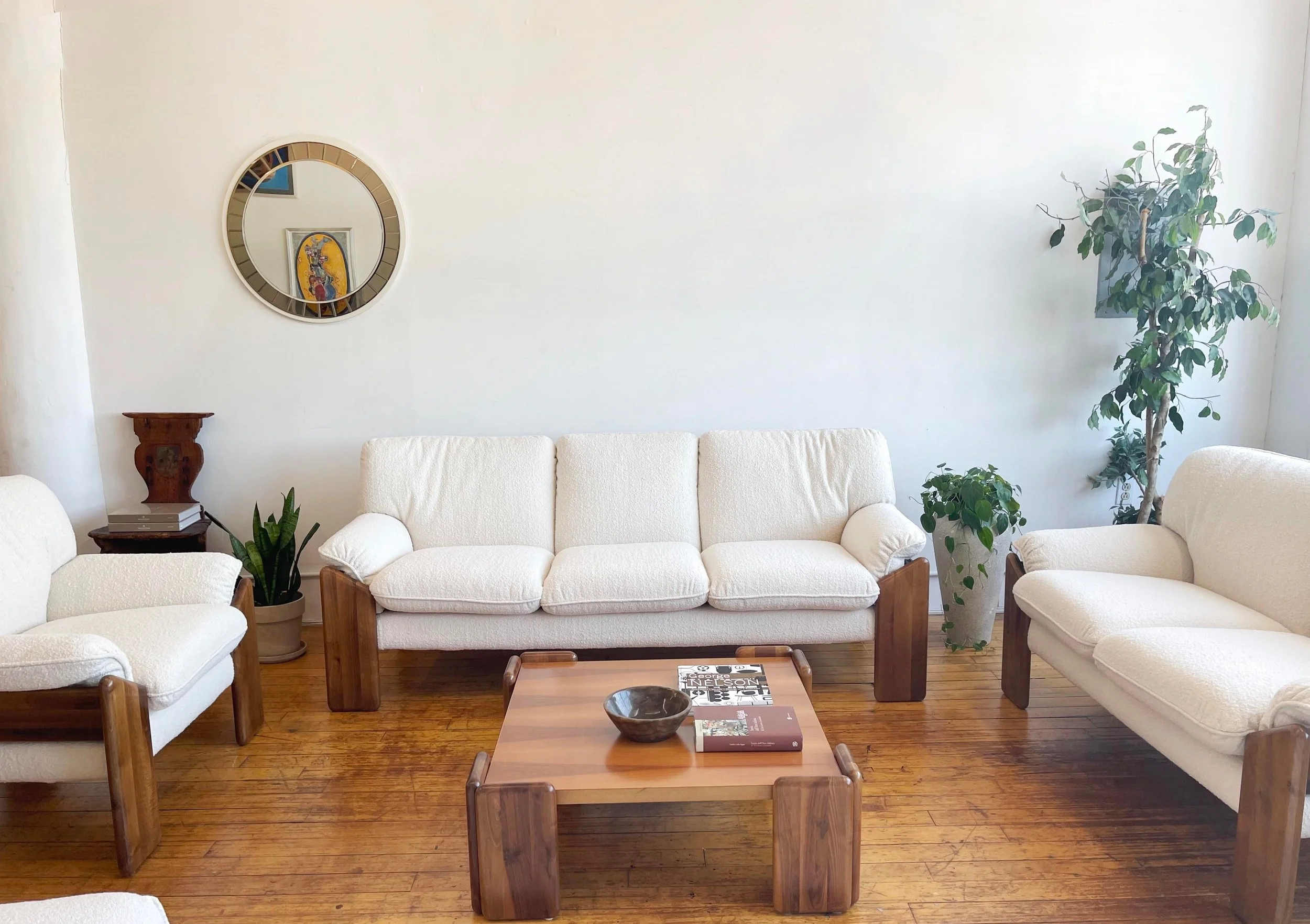 Italian Mid Century Sofas Three Cushions White boulce | front view setting whole