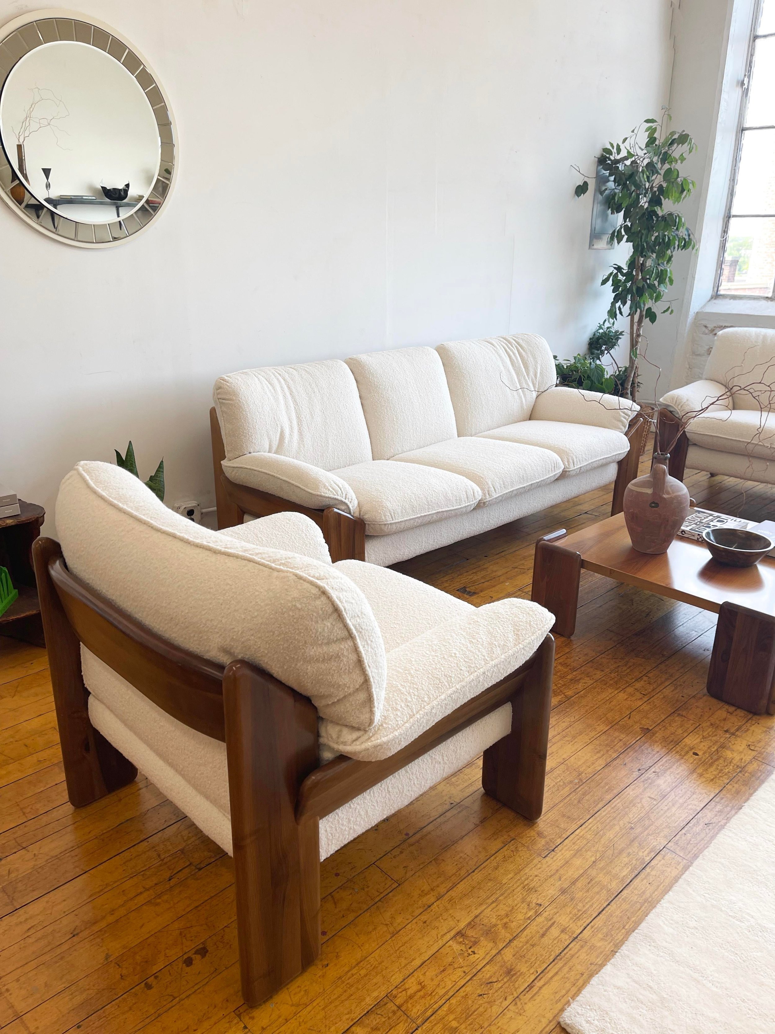 Italian Mid Century Sofas Three Cushions White boulce | angled view
