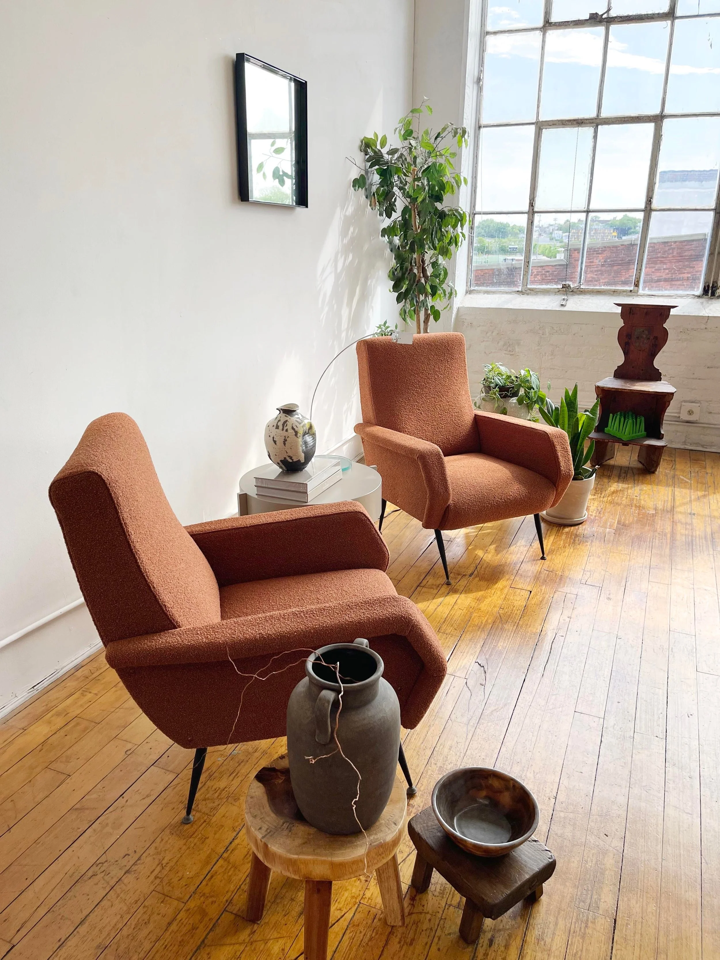 Italian Vintage Chairs Mid Century Boucle Fabric 5505 in room view