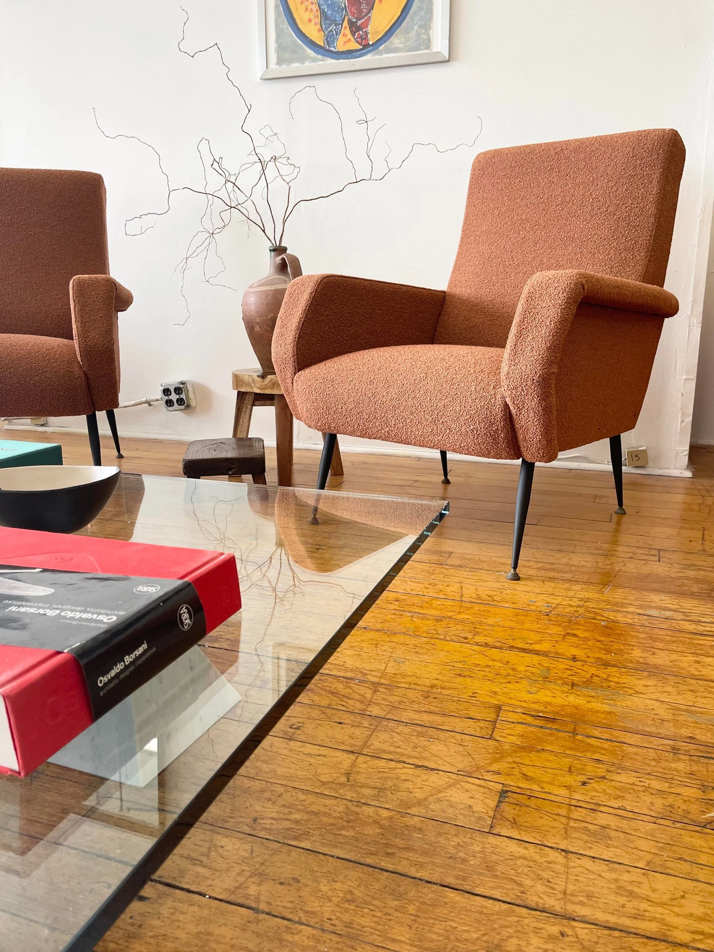 Italian Vintage Chairs Mid Century Boucle Fabric 5506 coffee table view