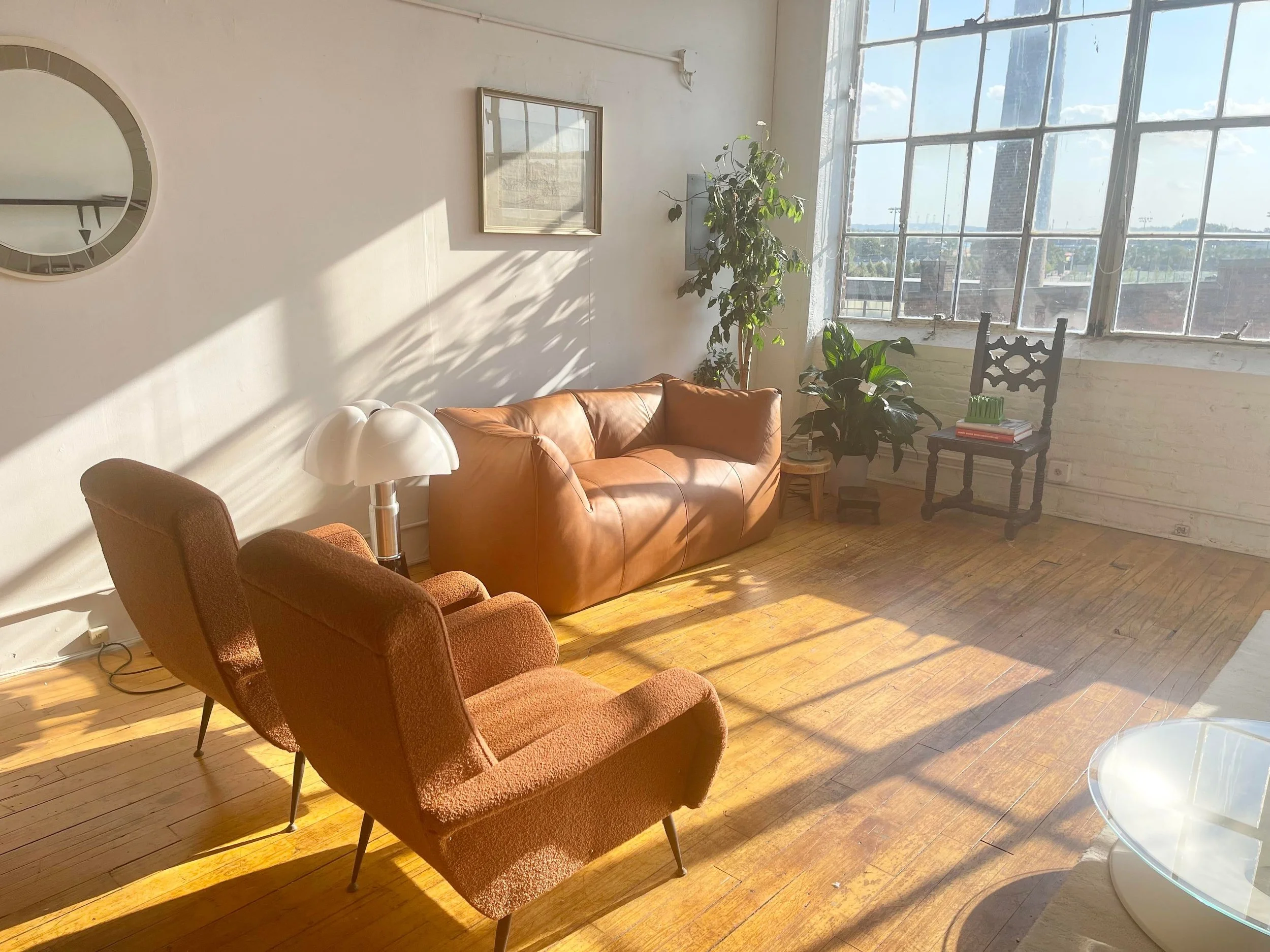 Italian Vintage Chairs Mid Century Boucle Fabric 5513 in room sunlight