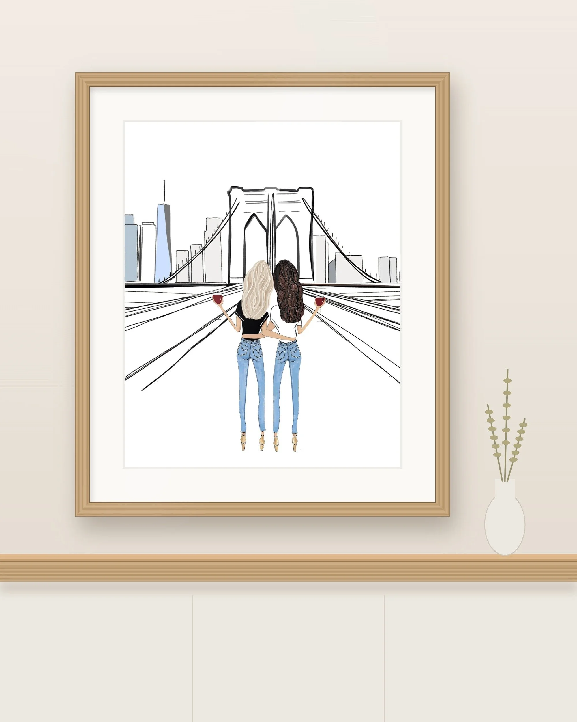 Customize Your Besties on the Brooklyn Bridge – Personalized Digital Download (Choose Hair, Skin Tone & Drinks)