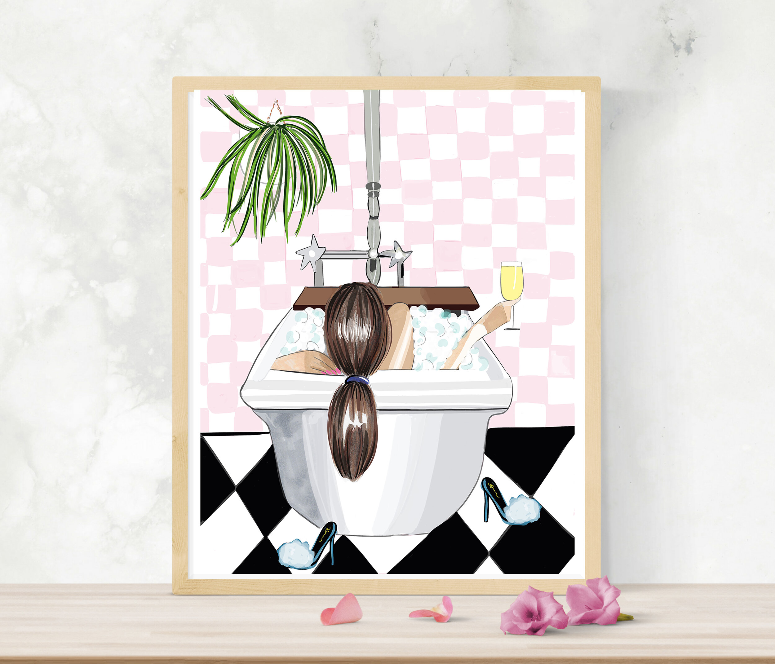 Brunette Girl in Bathtub Fashion Illustration