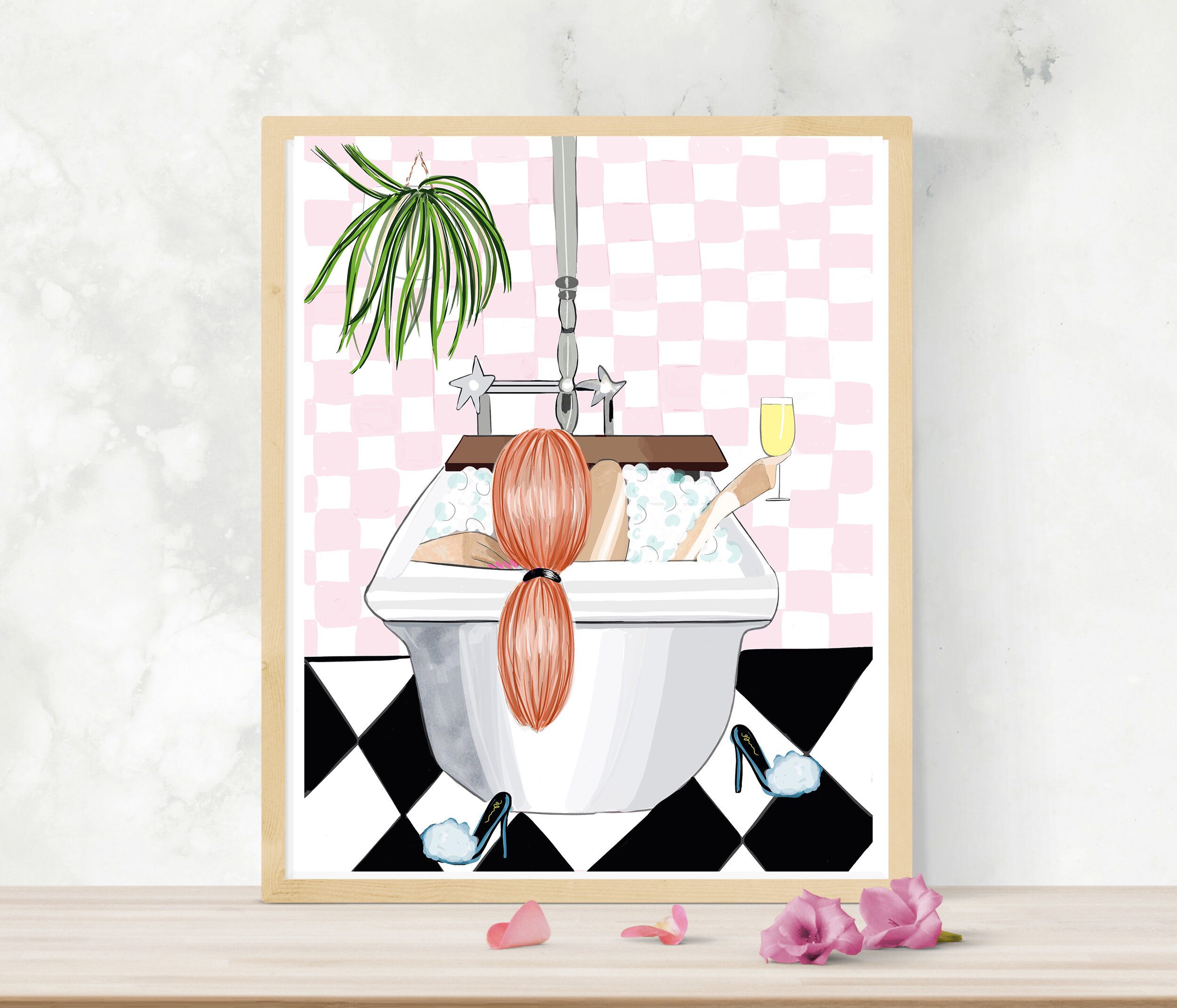 Girl With Red Hair in Bubble Bath Fashion Illustration Print