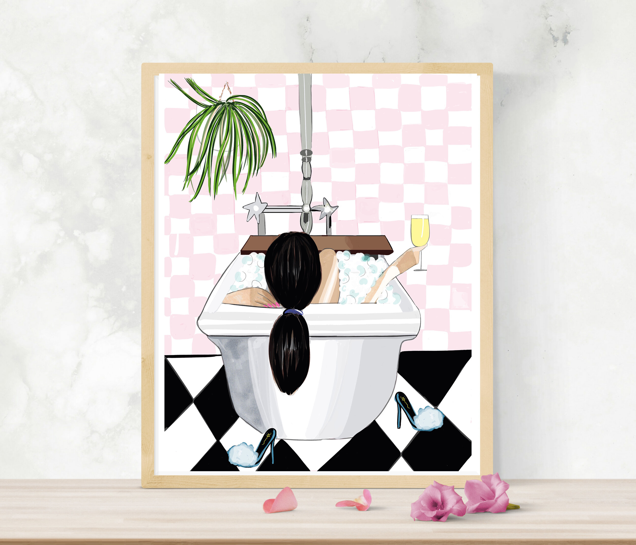 Girl With Black Hair in Bathtub Fashion Illustration Print