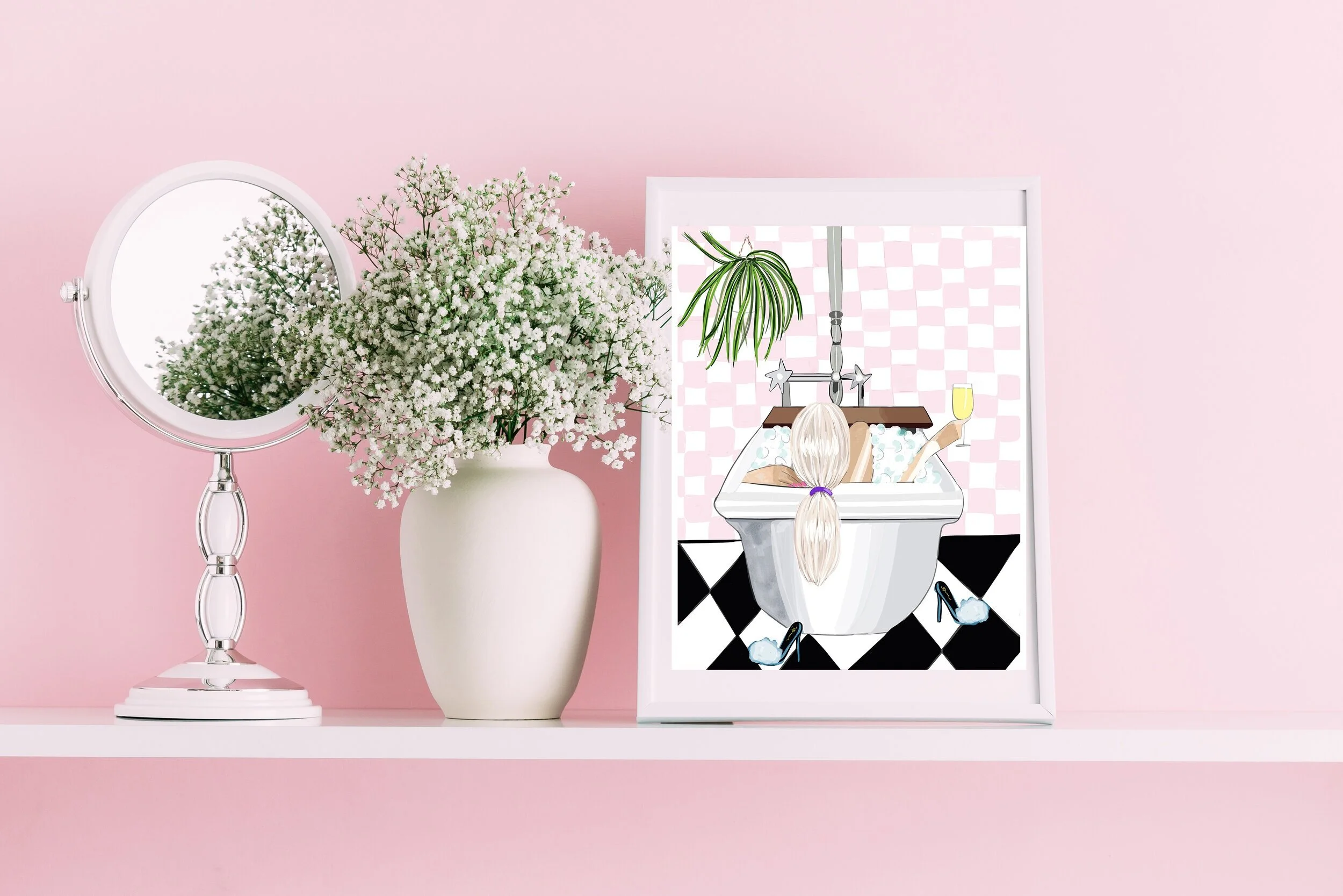 Girl in Bathroom with Pink Tiles Illustration Print by Roxy's Illustrations