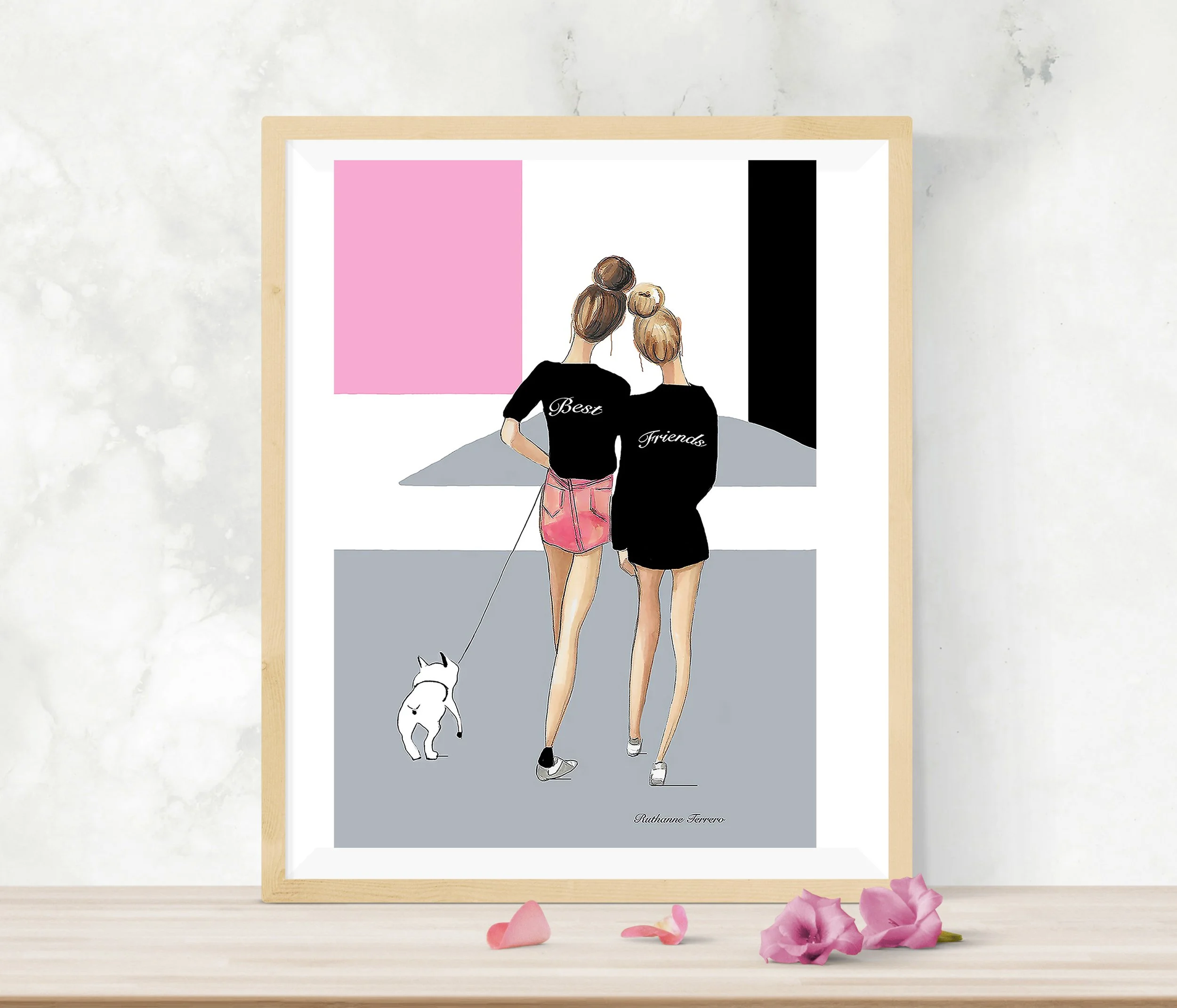 Two Best Friends Walking a Dog Illustration Print by Roxy's Illlustrations