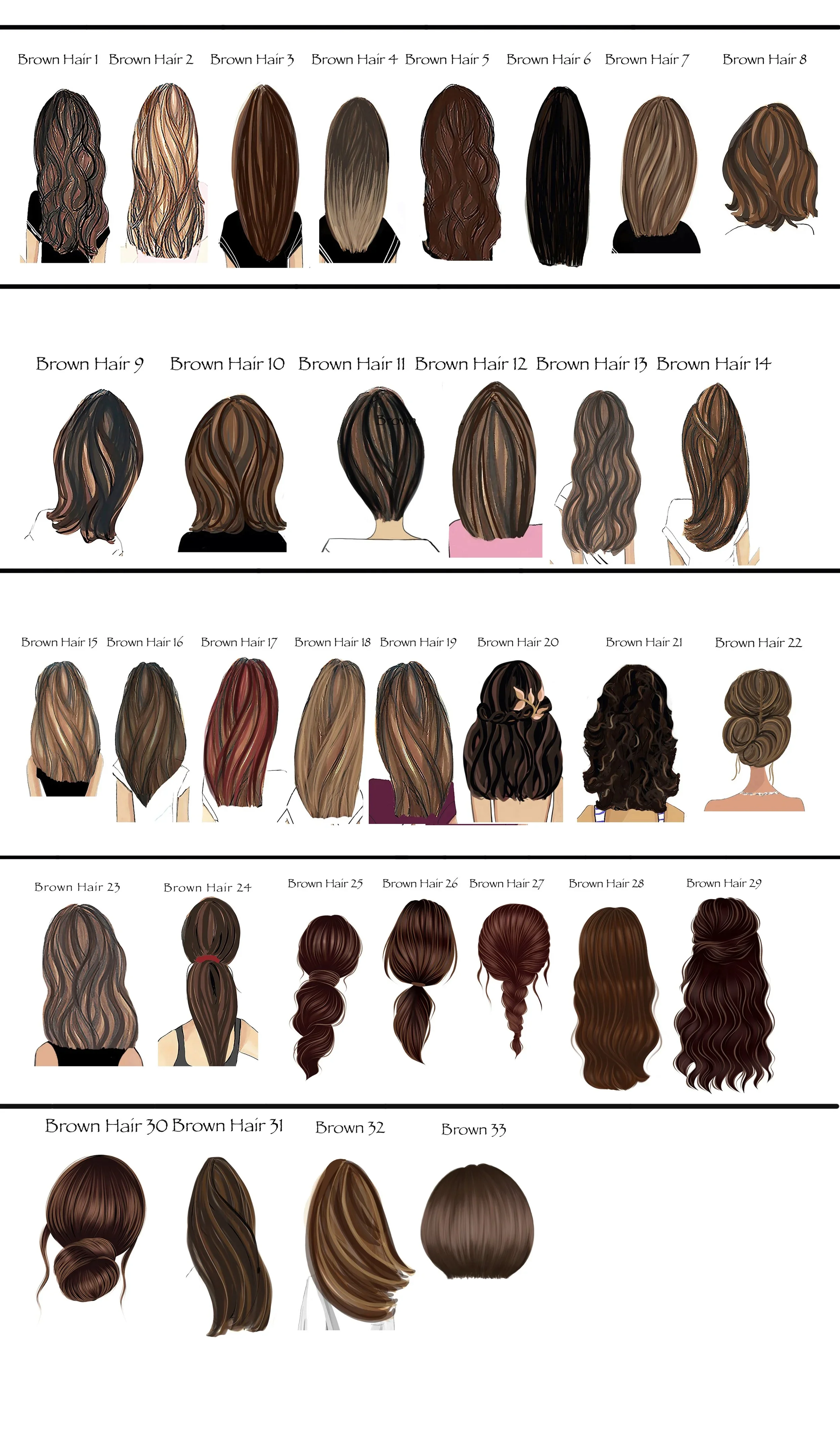 Brown hair style menu numbered 1 to 33