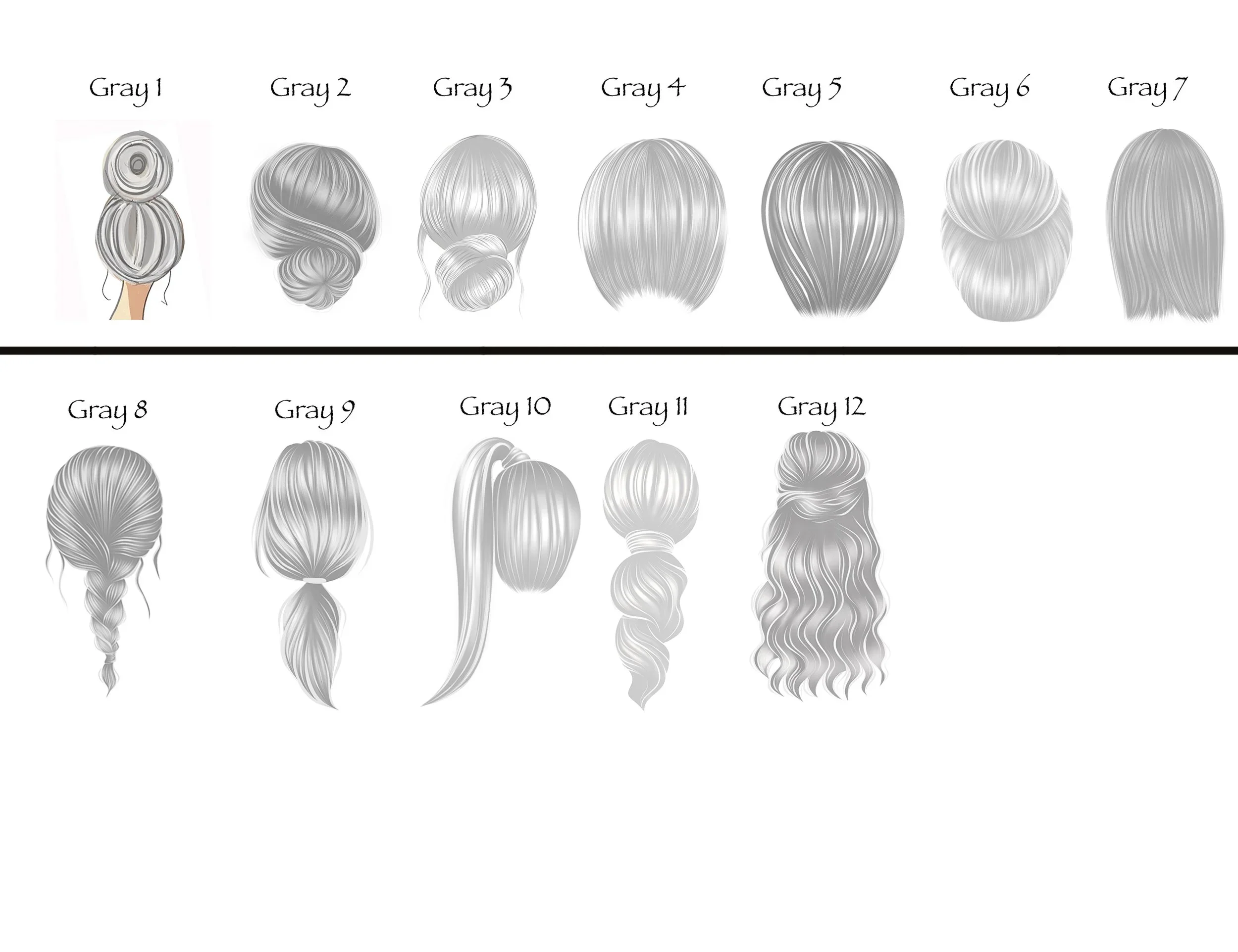 Gray hair style menu numbered 1 to 12