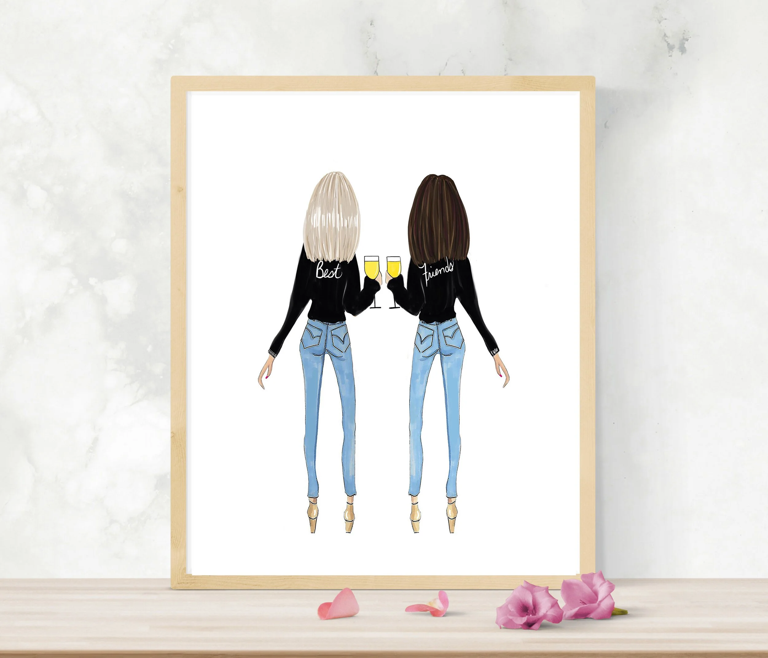 Illustration of a blonde and brunette best friend in matching Best and Friends jackets, toasting with wine, by Roxy's Illustrations