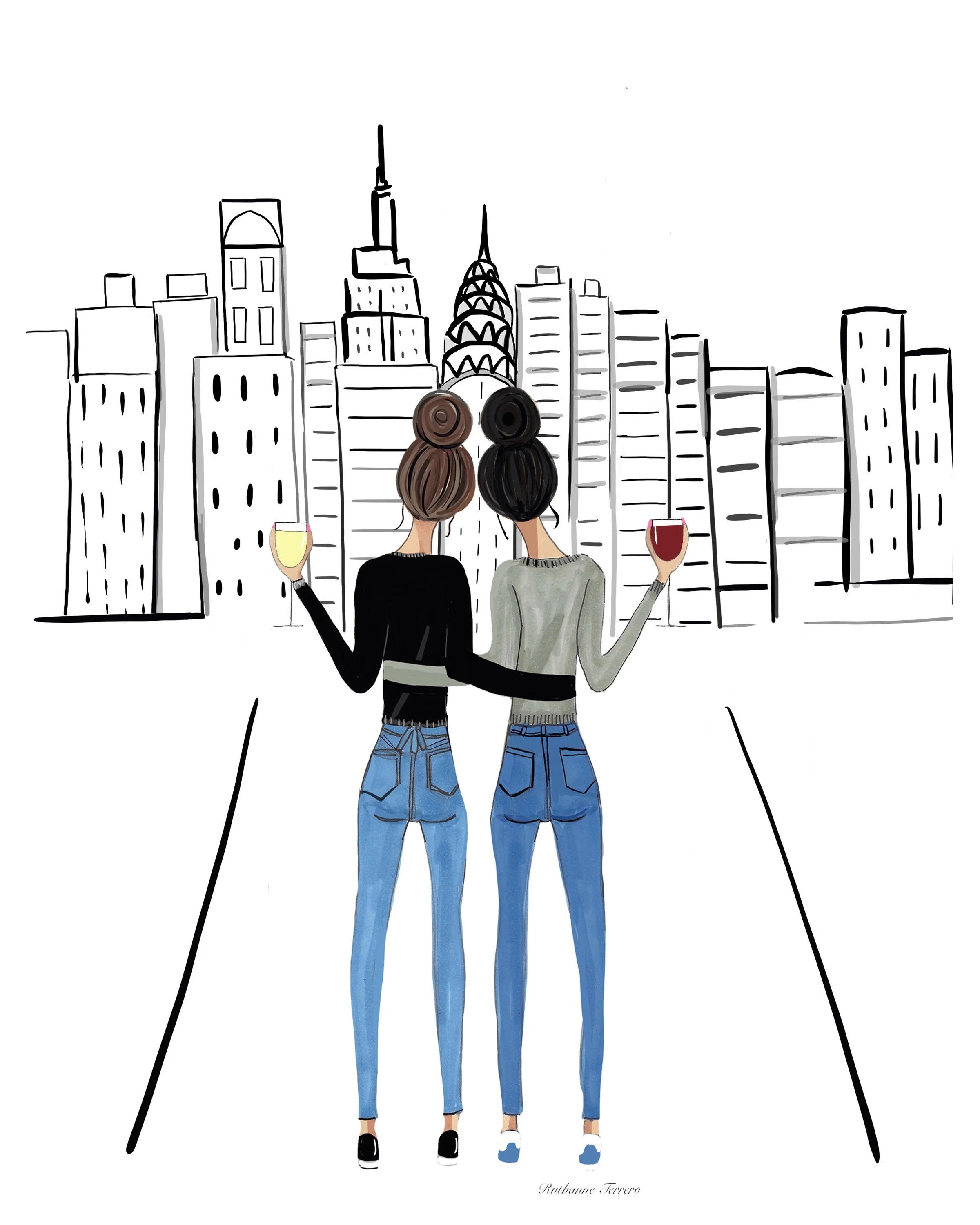 Best Friends in New York City – Instant Digital Download (Brunette & Black Hair Buns)