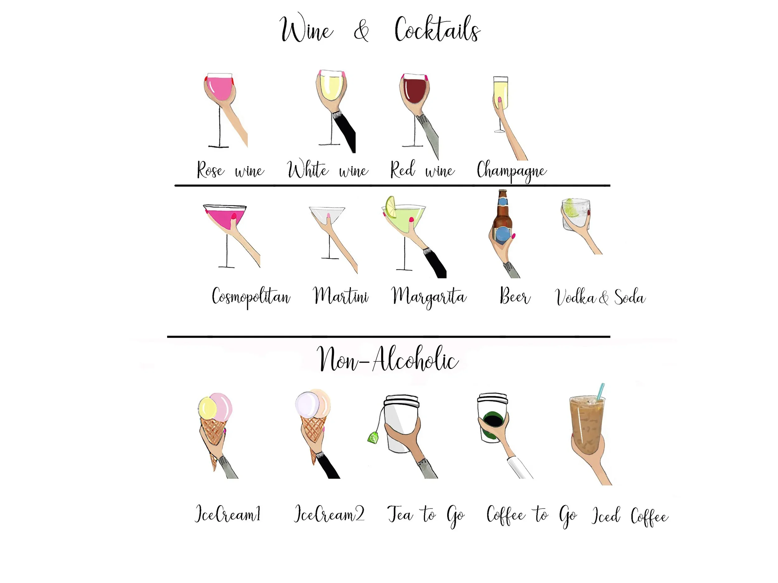 Wine, cocktails and non-alcoholic drink menu for custom best friend illustrations