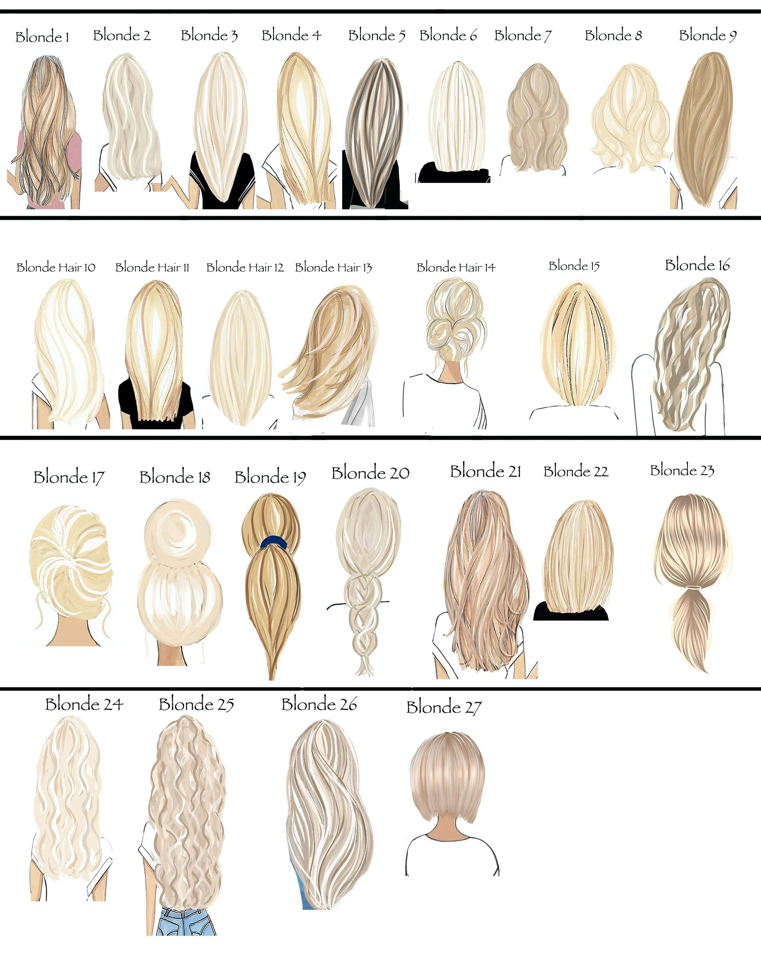 Blonde hair style menu numbered 1 to 27