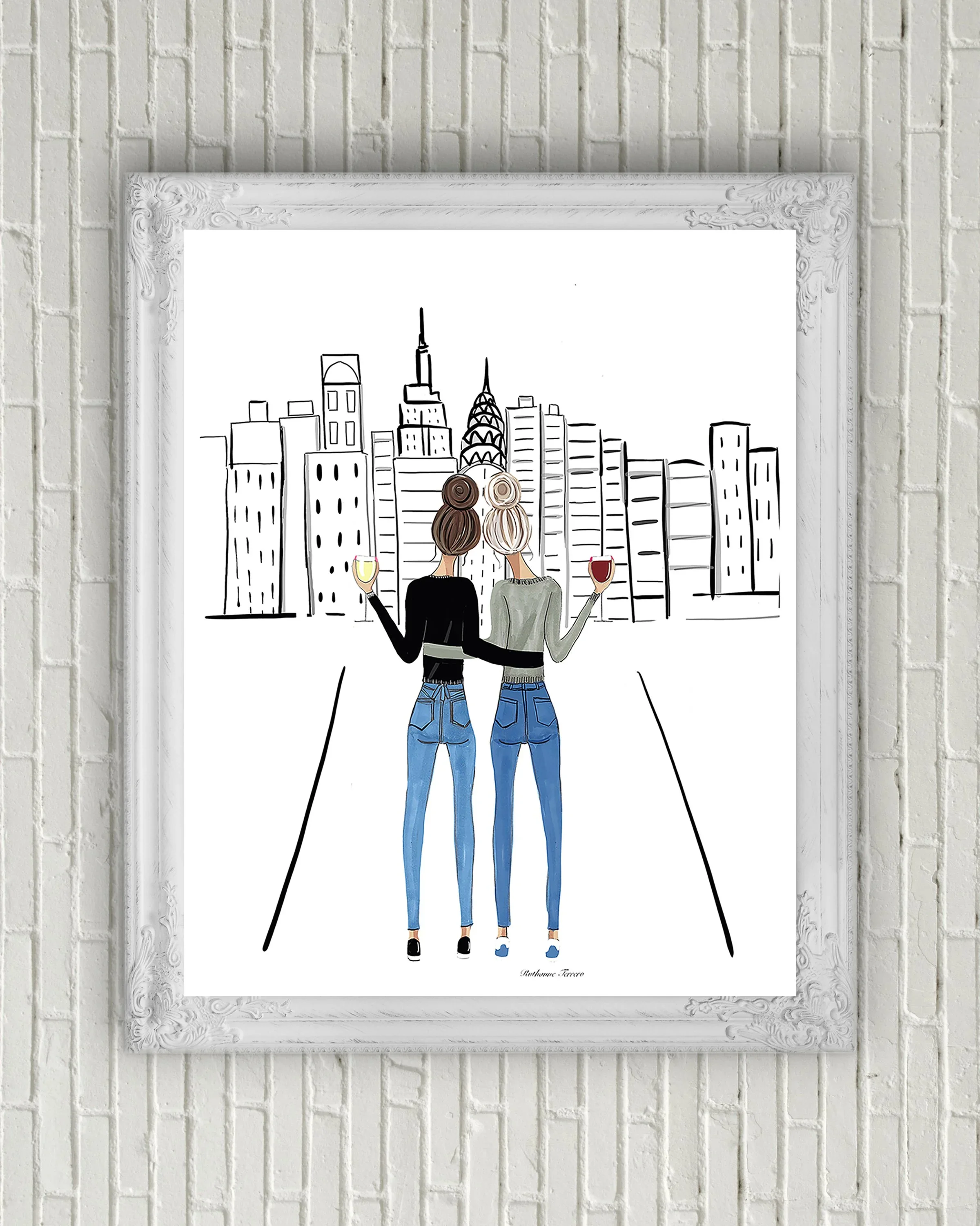 Two best friends with hair buns toasting the New York City skyline, framed customizable illustration by Roxy's Illustrations