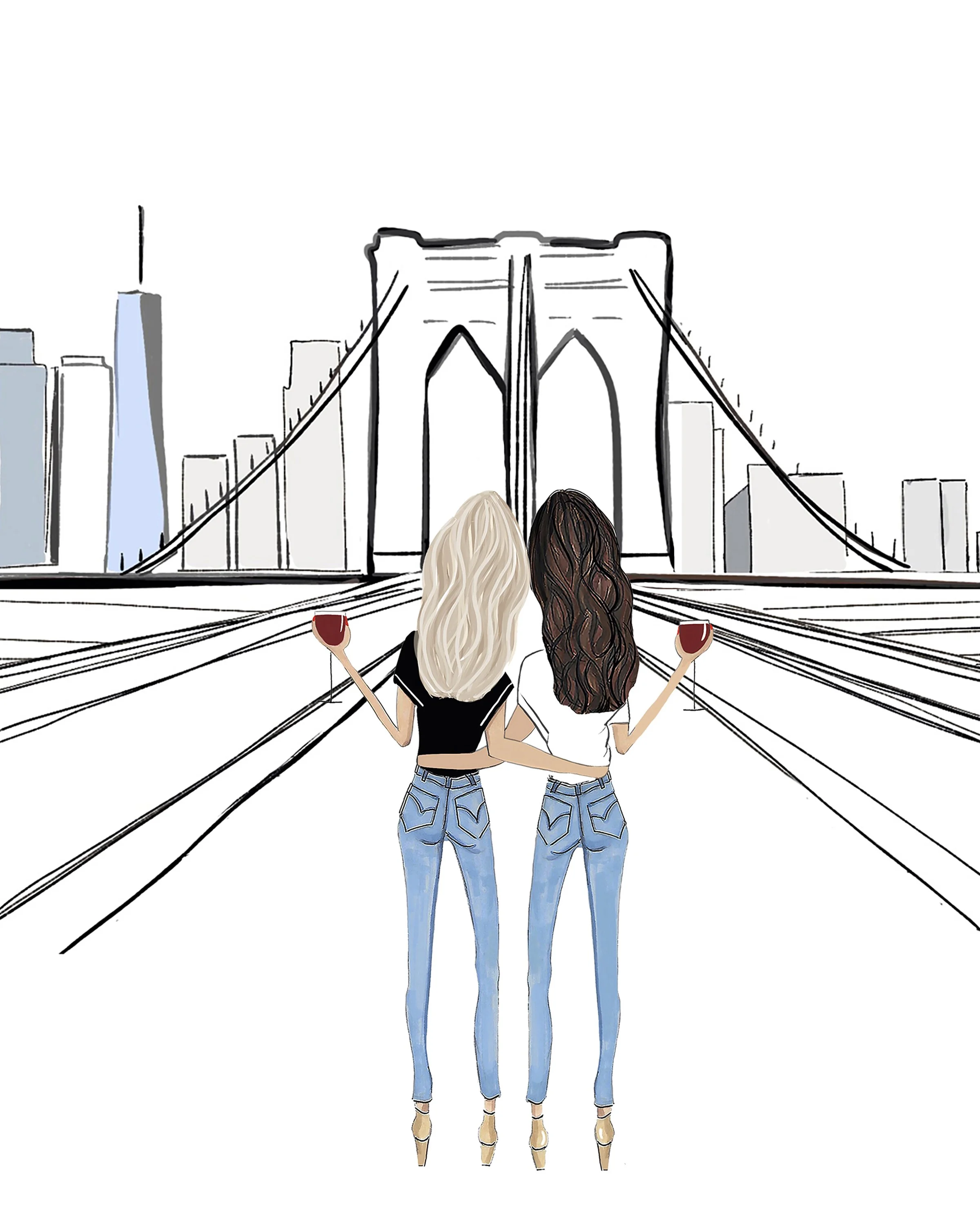 Best Friends on the Brooklyn Bridge – Instant Digital Download (Blonde & Brunette, Red Wine)