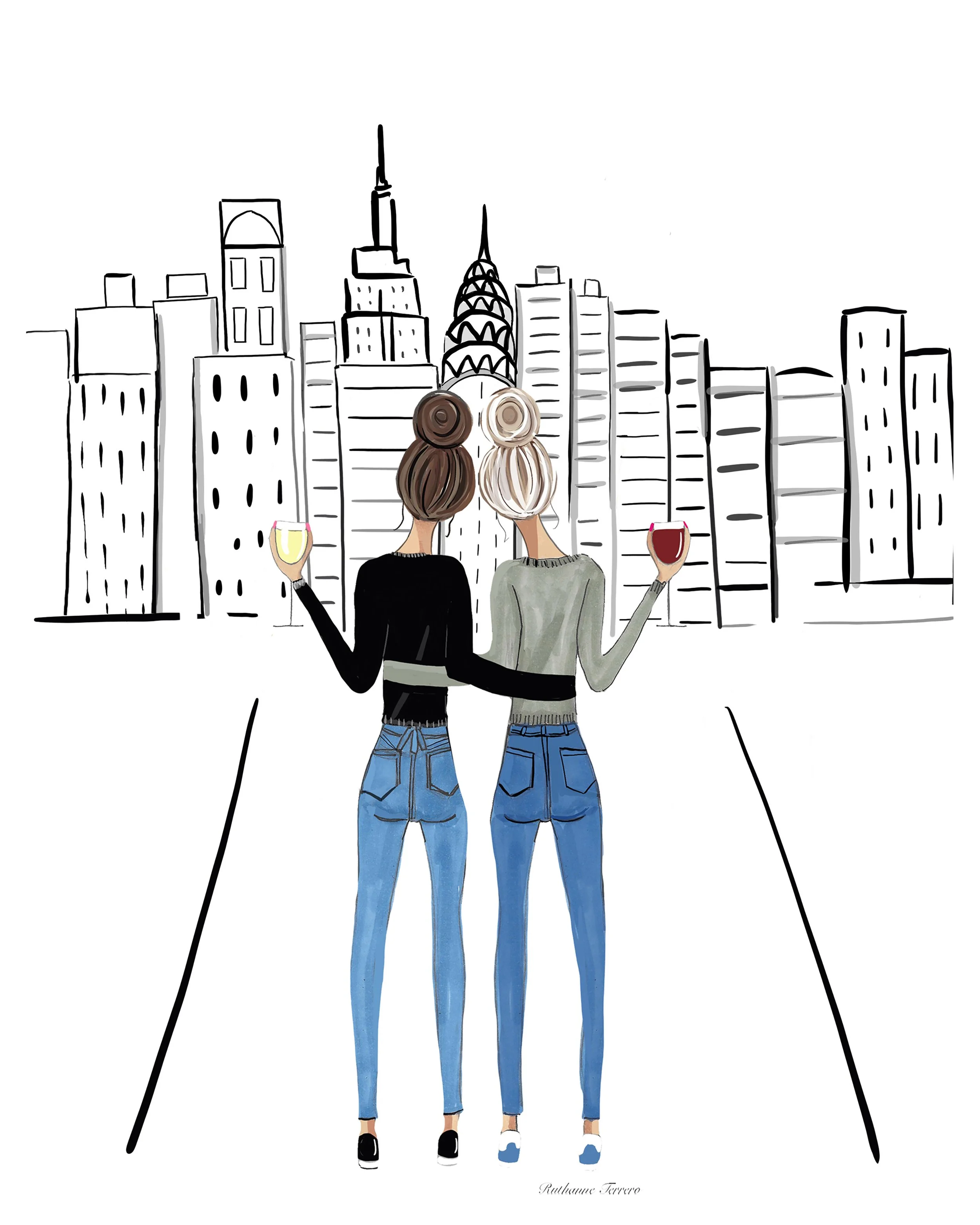 Best Friends in New York City – Instant Digital Download (Brunette & Blonde Hair Buns)
