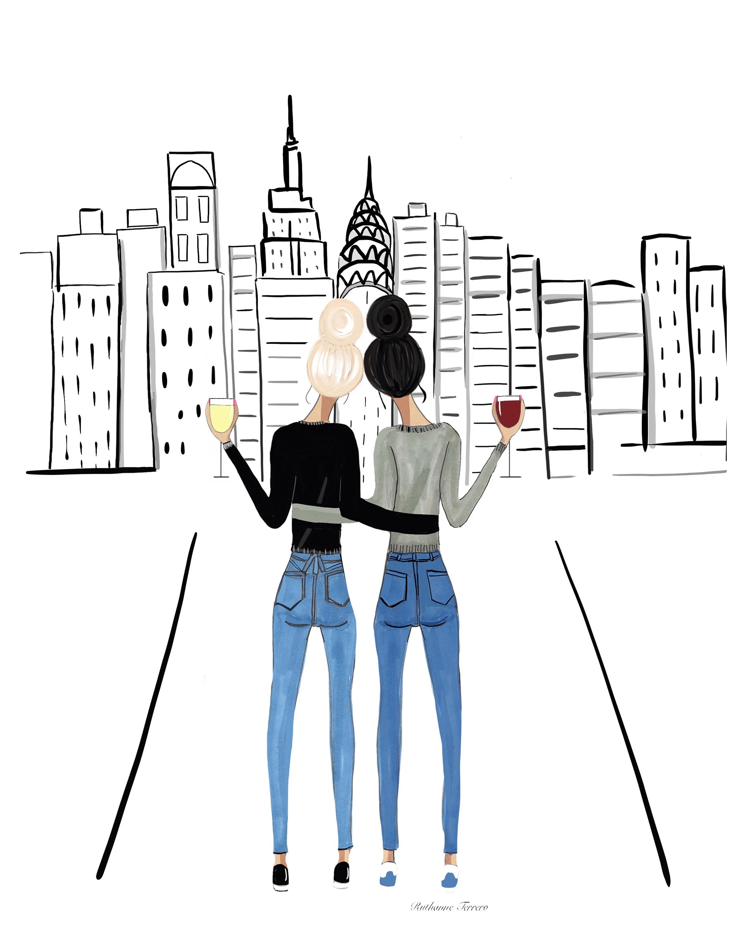 Best Friends in New York City – Instant Digital Download (Platinum Blonde & Black Hair Buns)
