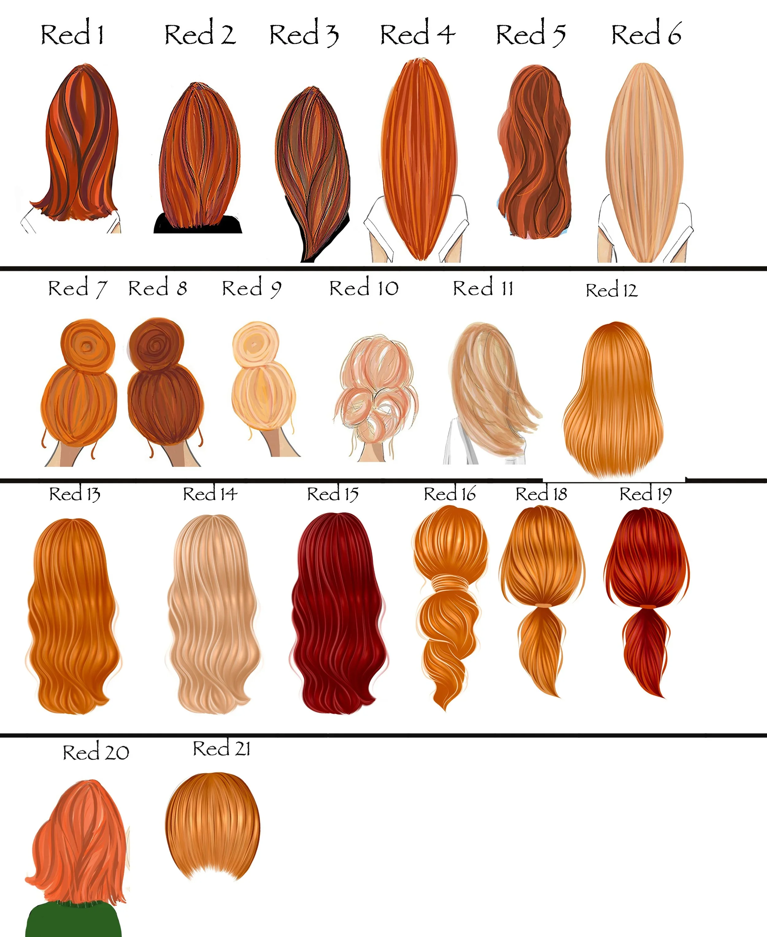 Red hair style menu numbered 1 to 21