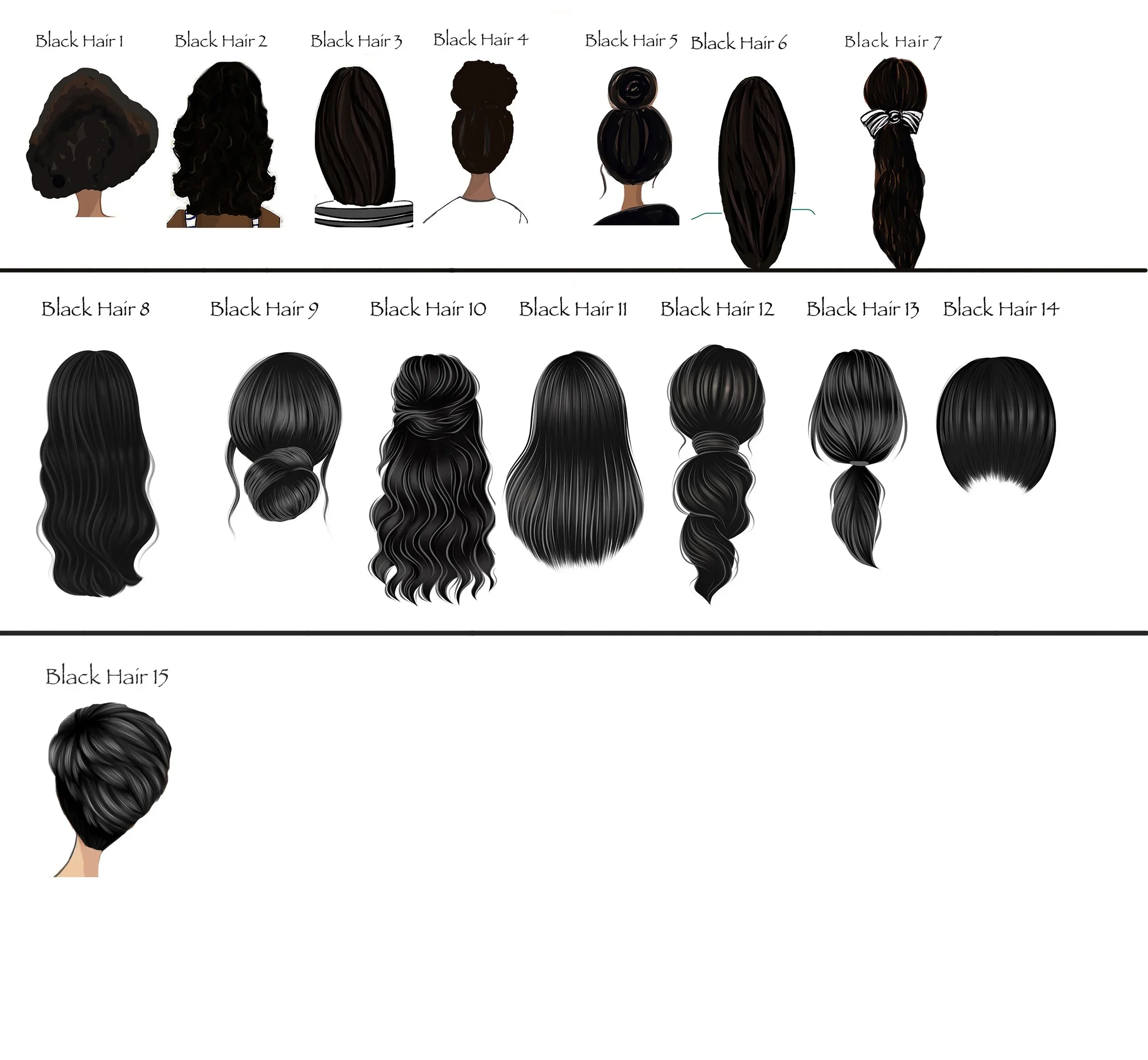 Black hair style menu numbered 1 to 15