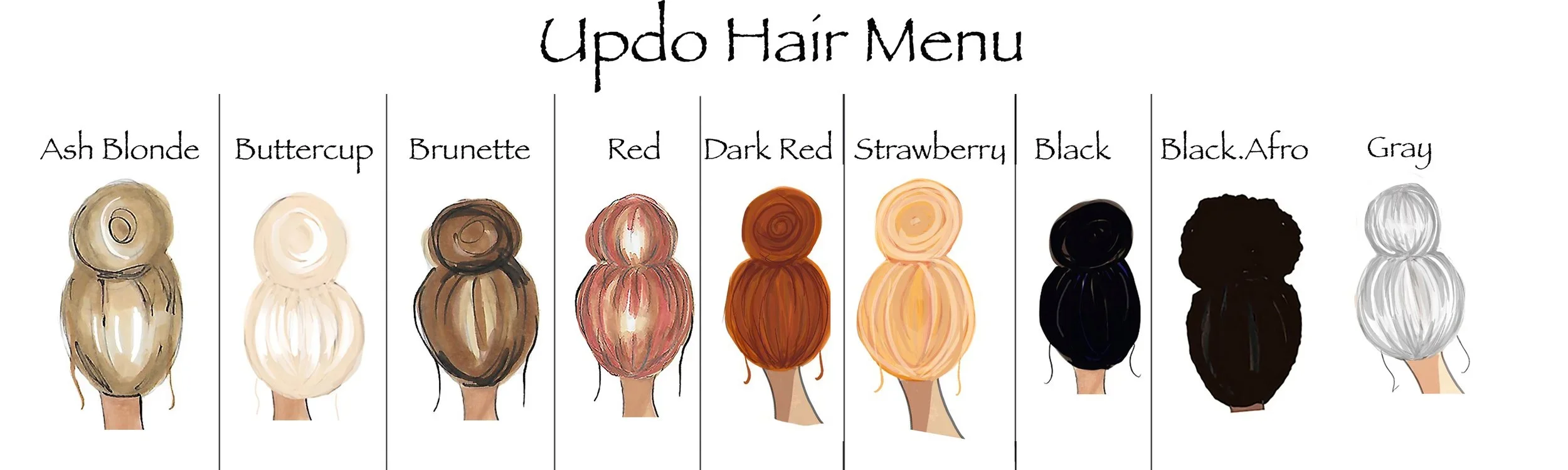 Updo hair menu with ash blonde, buttercup, brunette, red, dark red, strawberry, black, black afro and gray buns