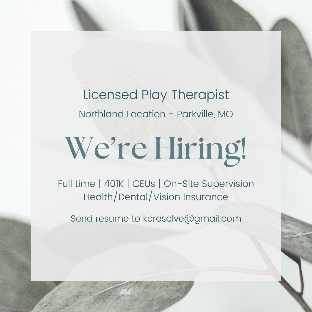 Resolve Northland is hiring therapists! If you or someone you know is a licensed social worker or counselor who can provide play therapy, send a resume to us!

kcresolve@gmail.com

#ResolveCounseling #nowhiring #hiringnow #therapy #therapists #counse