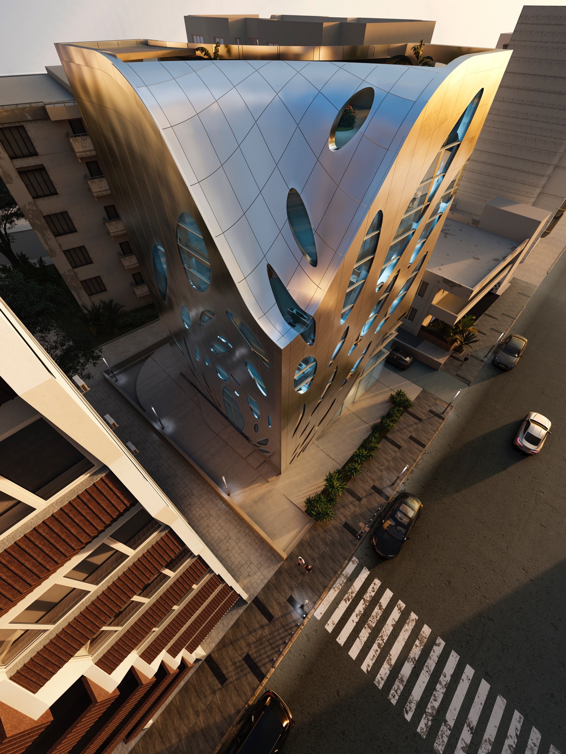 The facade of the building is designed as an opaque stainless steel shell rather than the typical curtain walling solution that is often inappropriate for mixed use projects.