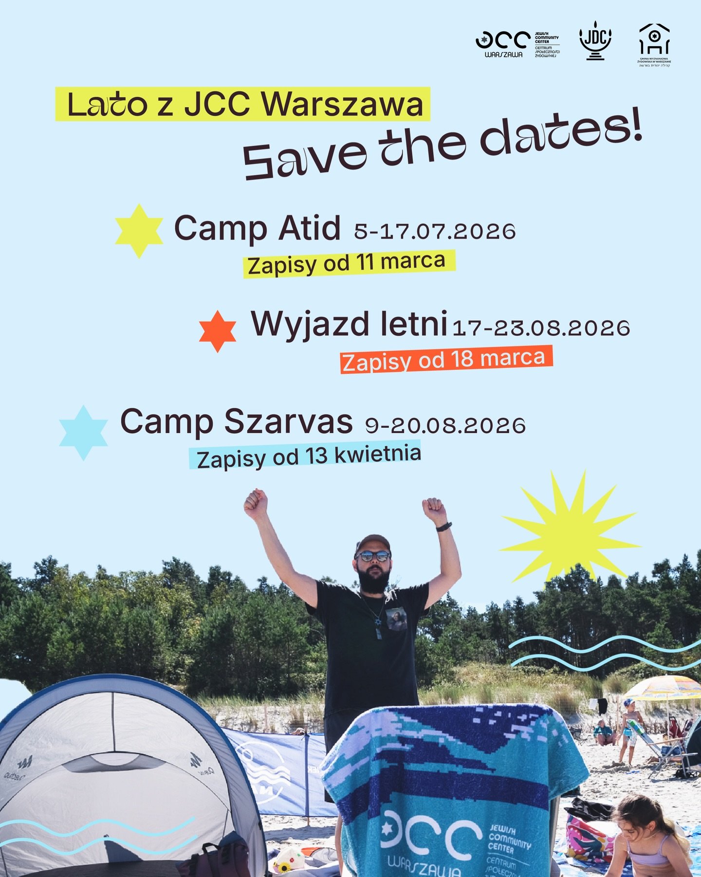 Zima wreszcie dobiega końca. Wszyscy zaczynają myśleć o wiośnie &ndash; a my w JCC widzimy już na horyzoncie lato! ☀️

Z ogromną radością ogłaszamy terminy tegorocznych wyjazd&oacute;w:

🌲 Camp Atid
📅 5&ndash;17 lipca
📝 Zapisy od 11 marca

🏡 Wyja
