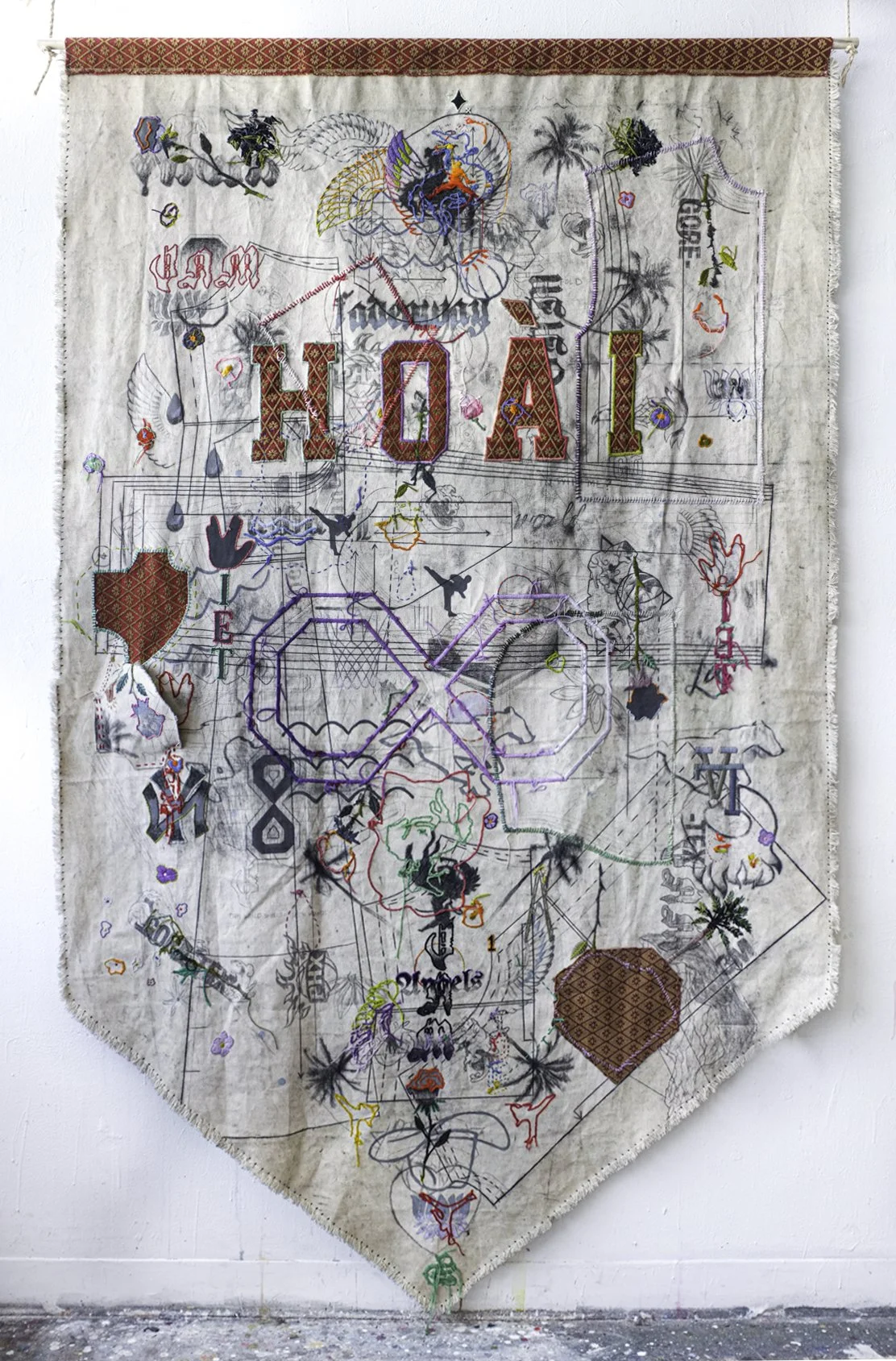 Her Name Means Eternal, 2023
embroidery, fabric, ink, graphite, reflective paint on canvas
83" x 53"  