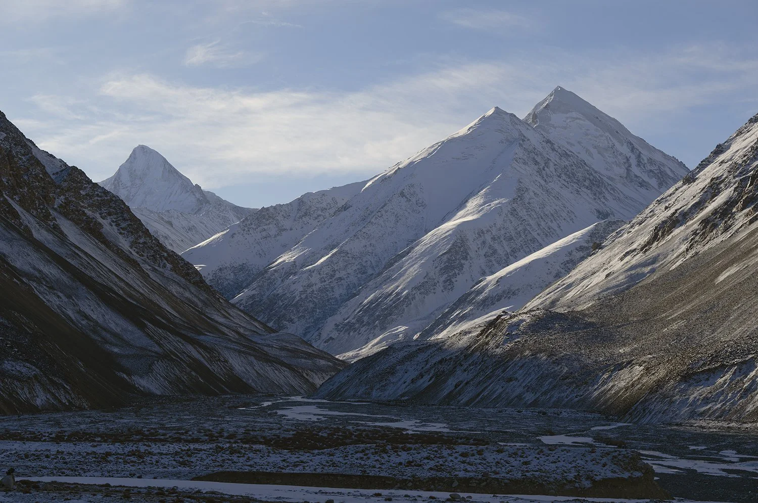 Snow-covered mountains with a valley and river in the foreground under a partly cloudy sky.