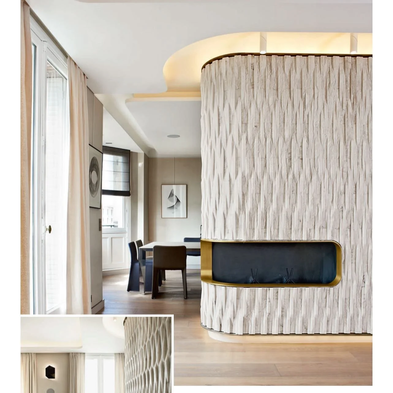 Pour la r&eacute;novation de cet appartement avec vue sur la Tour Eiffel, Fabrice Ausset a fait dialoguer le classique et l&rsquo;avant-garde avec des parois coulissantes en verre cin&eacute;tique, une chemin&eacute;e monumentale en alb&acirc;tre don