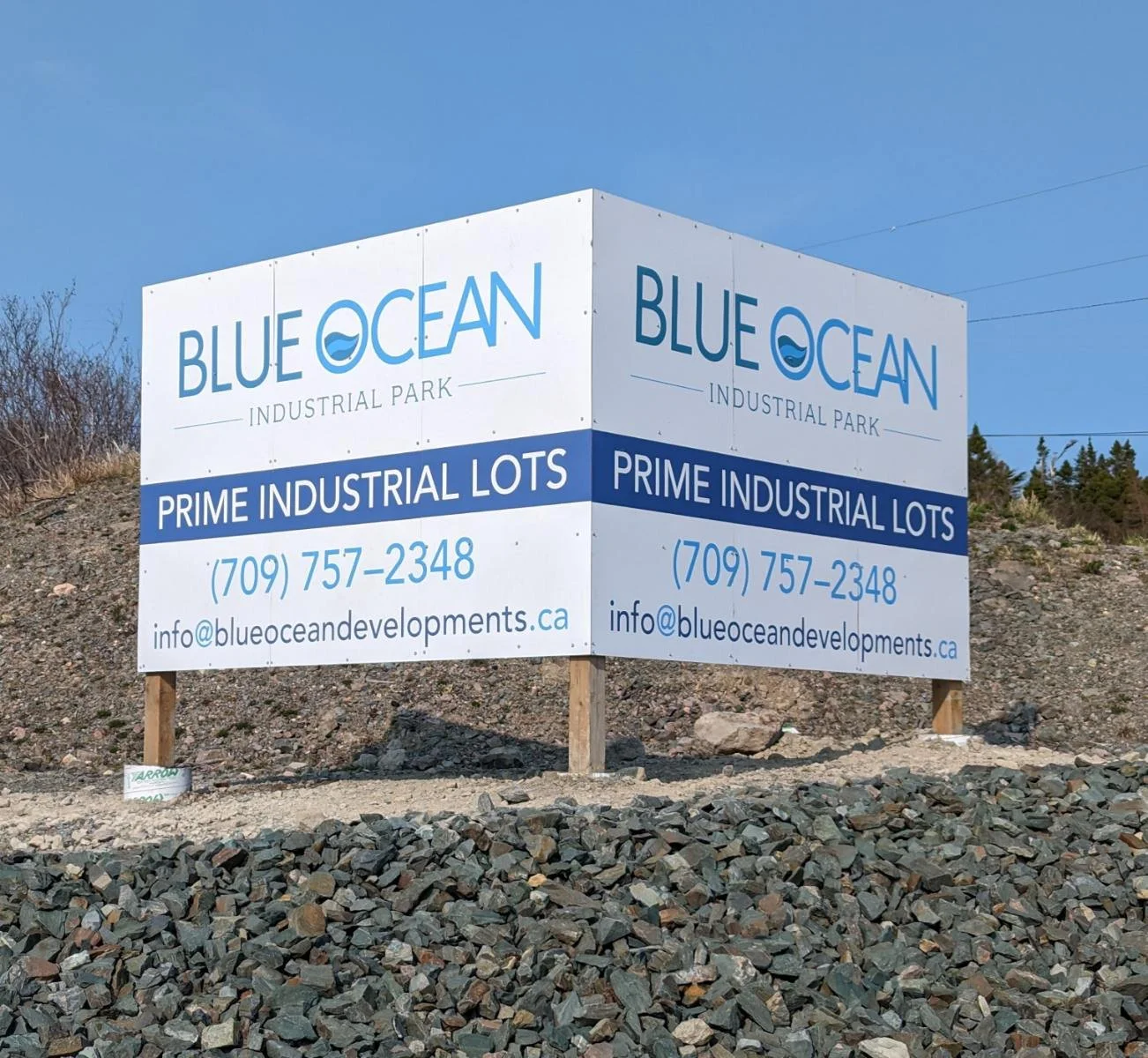 Outdoor billboard advertisement for Blue Ocean Industrial Park promoting prime industrial lots, with contact information including a phone number and email address.