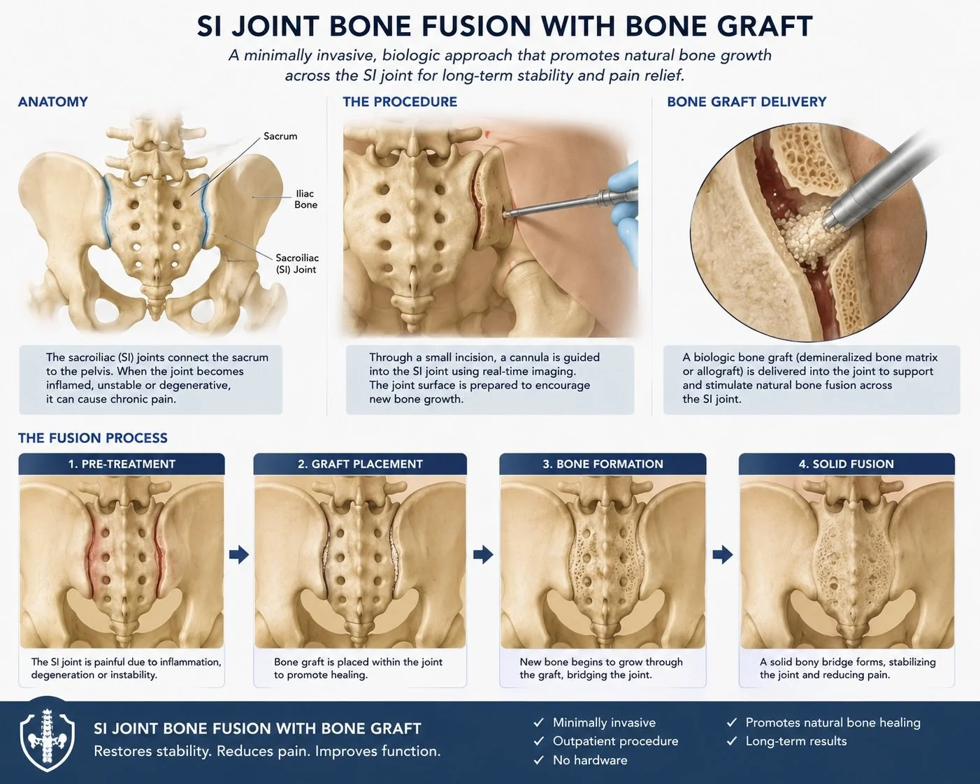 Bone allograft implant used in minimally invasive SI joint fusion