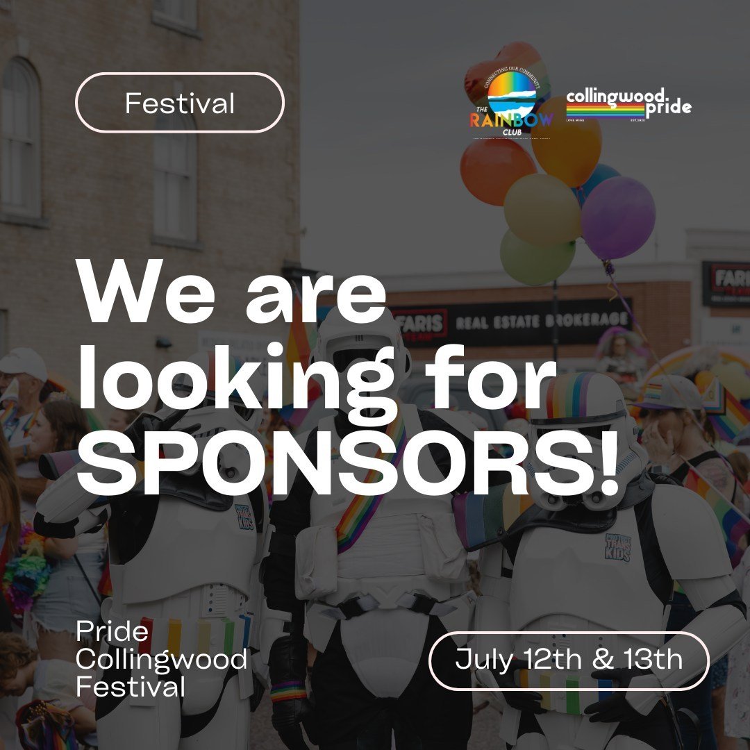 Interested in sponsoring Pride Collingwood? Visit pridecollingwood.com/sponsor to learn more. This year we have levels starting at $500 &hearts;️ 🌈 ⁠
⁠
#CWPride24