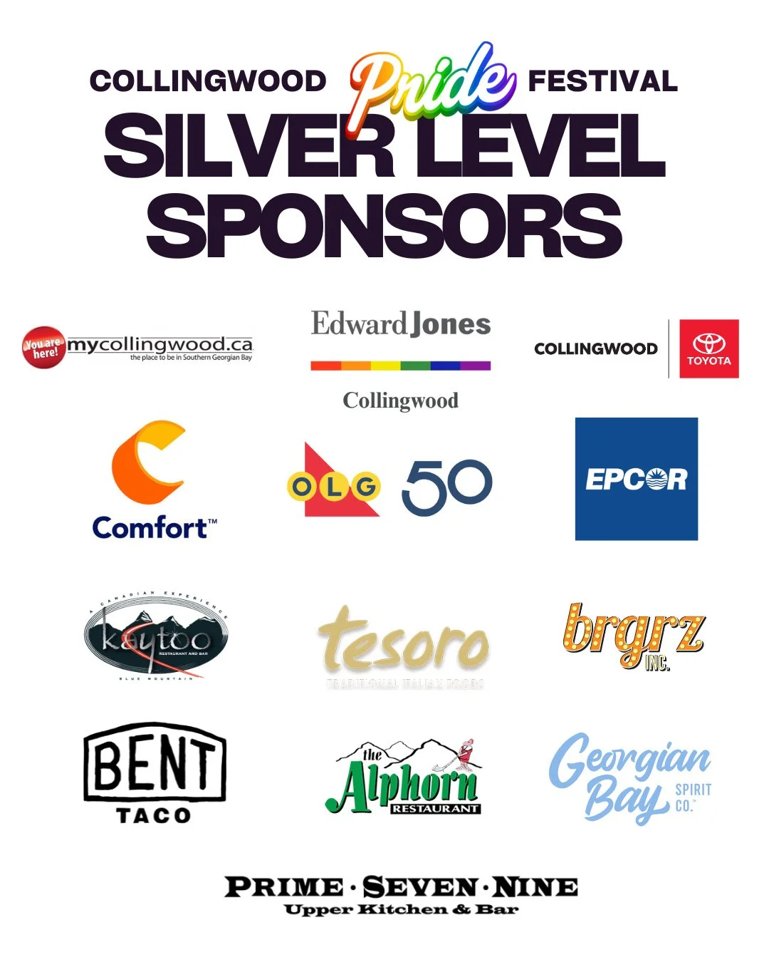 We&rsquo;re so grateful to our $2,500 silver-level sponsors. Their generosity and belief in a more inclusive, welcoming community are what make Pride Collingwood possible. Thank you for standing with us and helping bring this celebration to life. 🏳️
