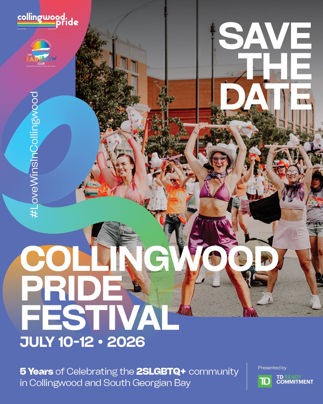 SAVE THE DATE! Collingwood Pride is back our fifth fabulous year &mdash; bigger, bolder, and more vibrant than ever.
⠀⠀⠀
📅 July 10, 11 &amp; 12
📍Collingwood, Ontario
⠀⠀⠀
Join us for three unforgettable days of love, connection, and community, where