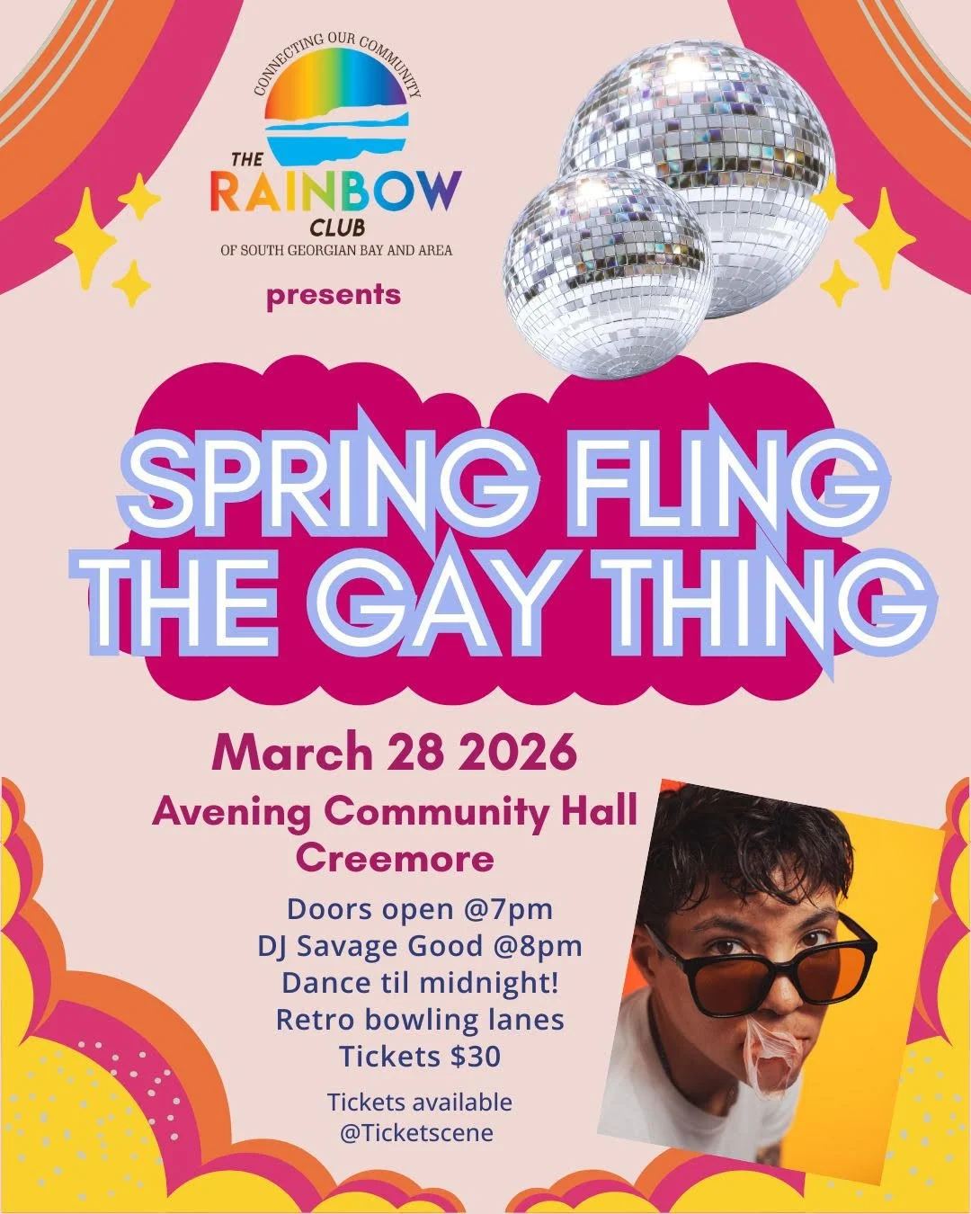 Shake off the winter blues and step into Spring Fling The Gay Thing ✨🌈 We're bringing the party to Avening Community Hall in Creemore on March 28th!
⠀⠀⠀
💖 Doors open at 7PM
🎧 DJ Savage Good spins from 8PM
💃 Dance &lsquo;til midnight
🎳 Retro bowl