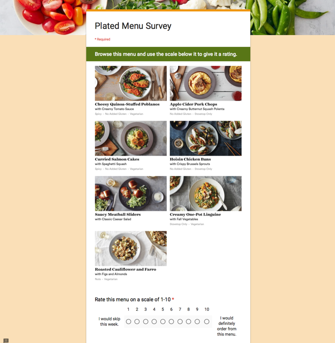 A Google form survey asked participants to browse a sample menu and then rate it according to whether or not they would order from the menu.