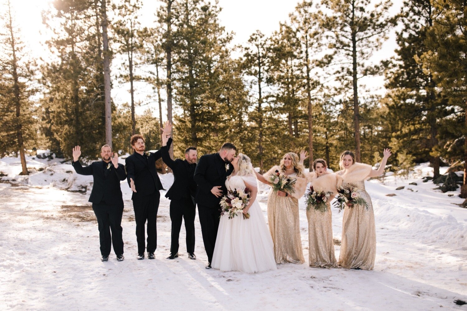 Bridal party, wedding party, bridesmaids dresses, bridesmaids photos, groomsmen photos, Winter Wedding, Colorado Wedding, Snowy Wedding, Mountain Wedding, Colorado Wedding Planner, Colorado Wedding Rentals, Red Feather Lakes Wedding, Fort Collins We