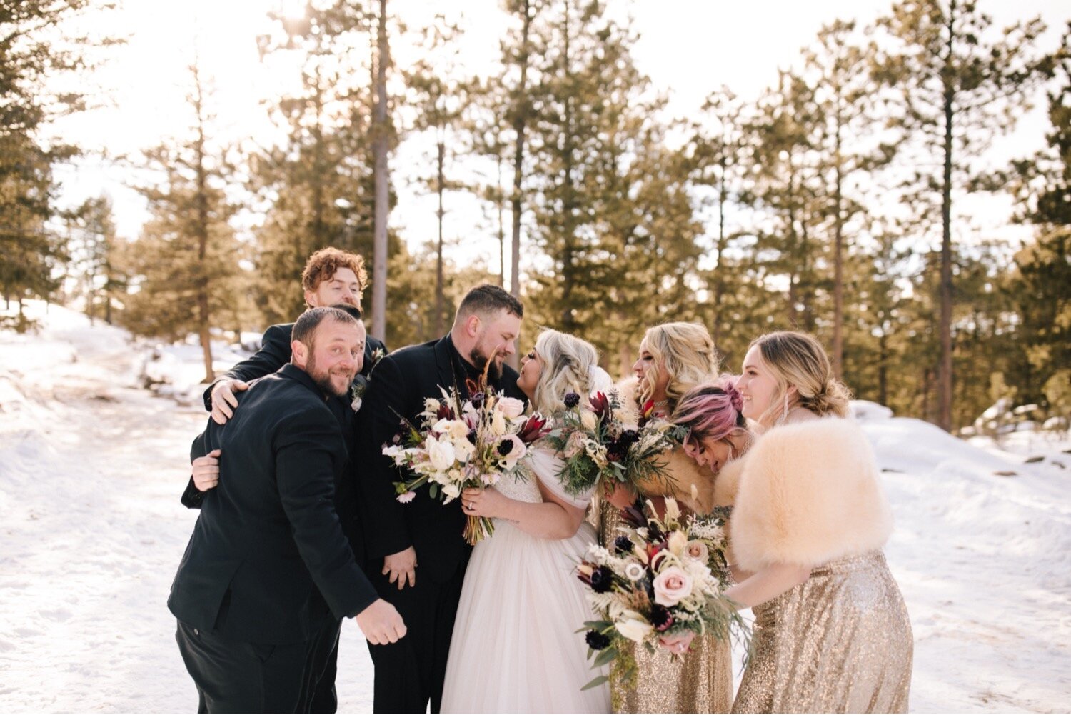  Bridal party, wedding party, bridesmaids dresses, bridesmaids photos, groomsmen photos, Winter Wedding, Colorado Wedding, Snowy Wedding, Mountain Wedding, Colorado Wedding Planner, Colorado Wedding Rentals, Red Feather Lakes Wedding, Fort Collins We