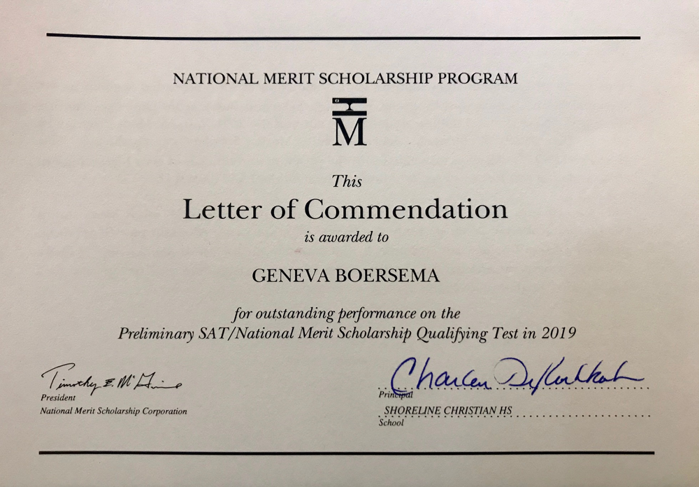 Letter Of Commendation For Geneva Boersma s PSAT Scores Shoreline 