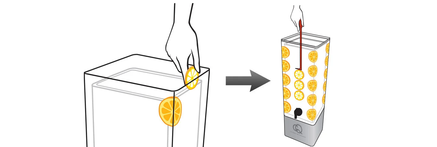Illustration showing adding orange slices to a clear beverage dispenser.