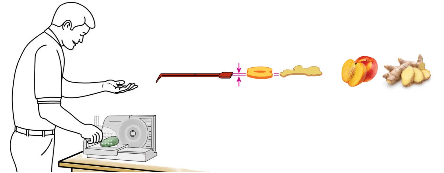 USING A SLICER OR MANDOLIN ONLY, cut a test slice and compare it to the CQ Slicer Key/Wand’s handle. Adjust your slicer or mandolin until your slices match the thickness of the CQ Slicer Key/Wand..